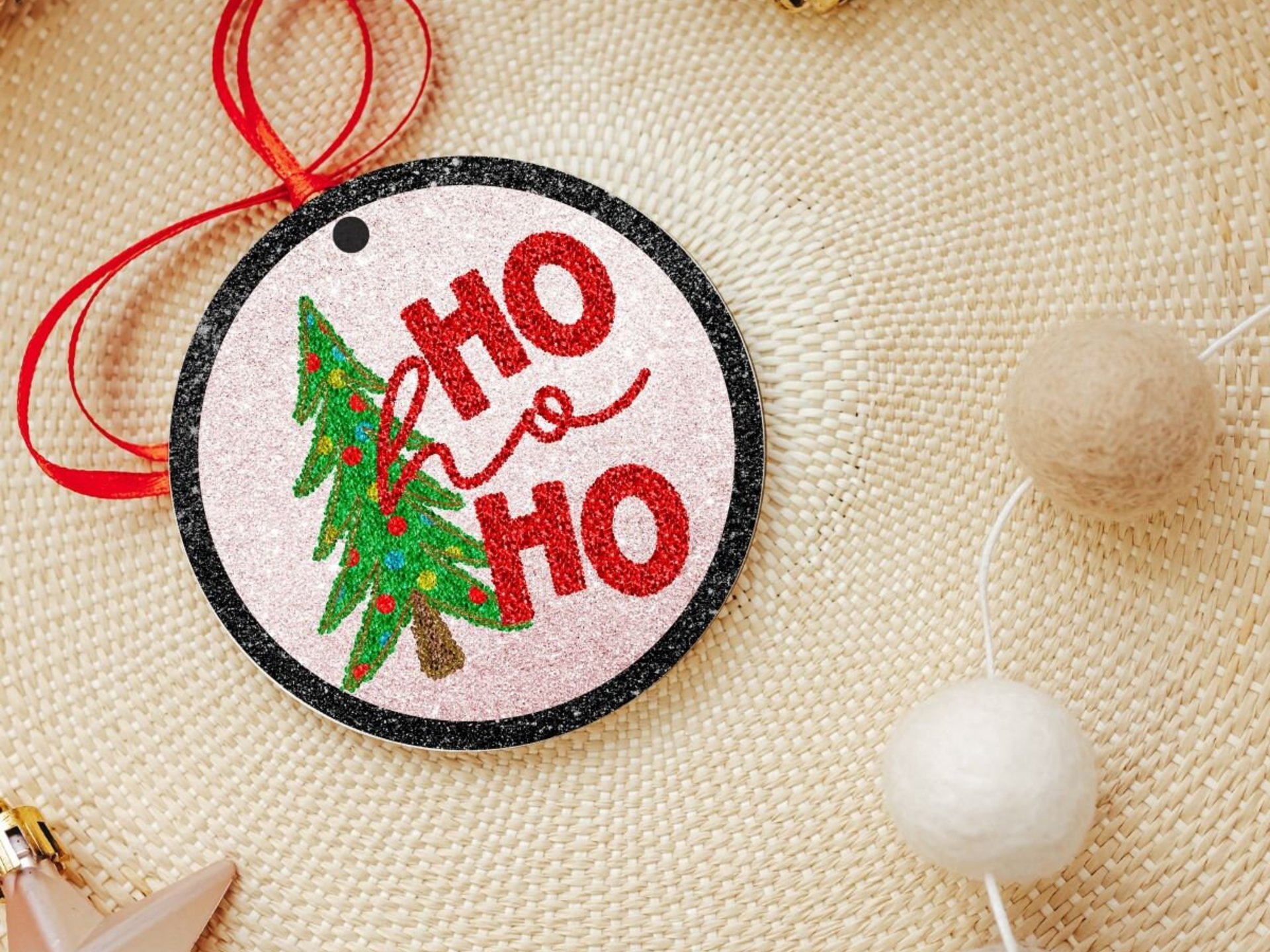 ho ho ho Christmas tree throw pillow for sofa, Christmas housewarming gift set for women, faux sequin Christmas kitchen towels, secret Santa
