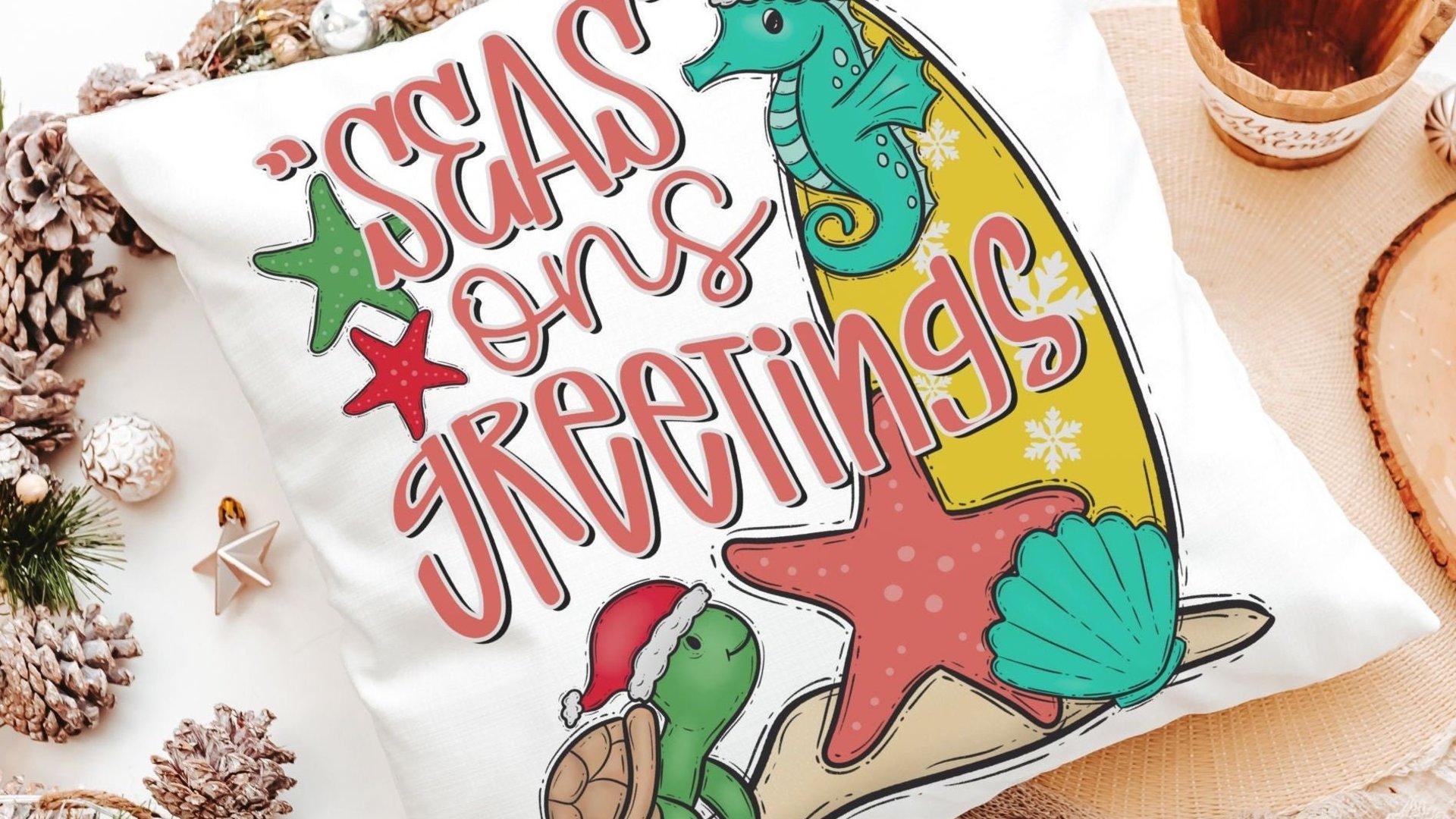 seasons greetings Christmas turtle decorative pillow covers tropical Christmas throw pillows for kids playroom, beach Christmas best sellers