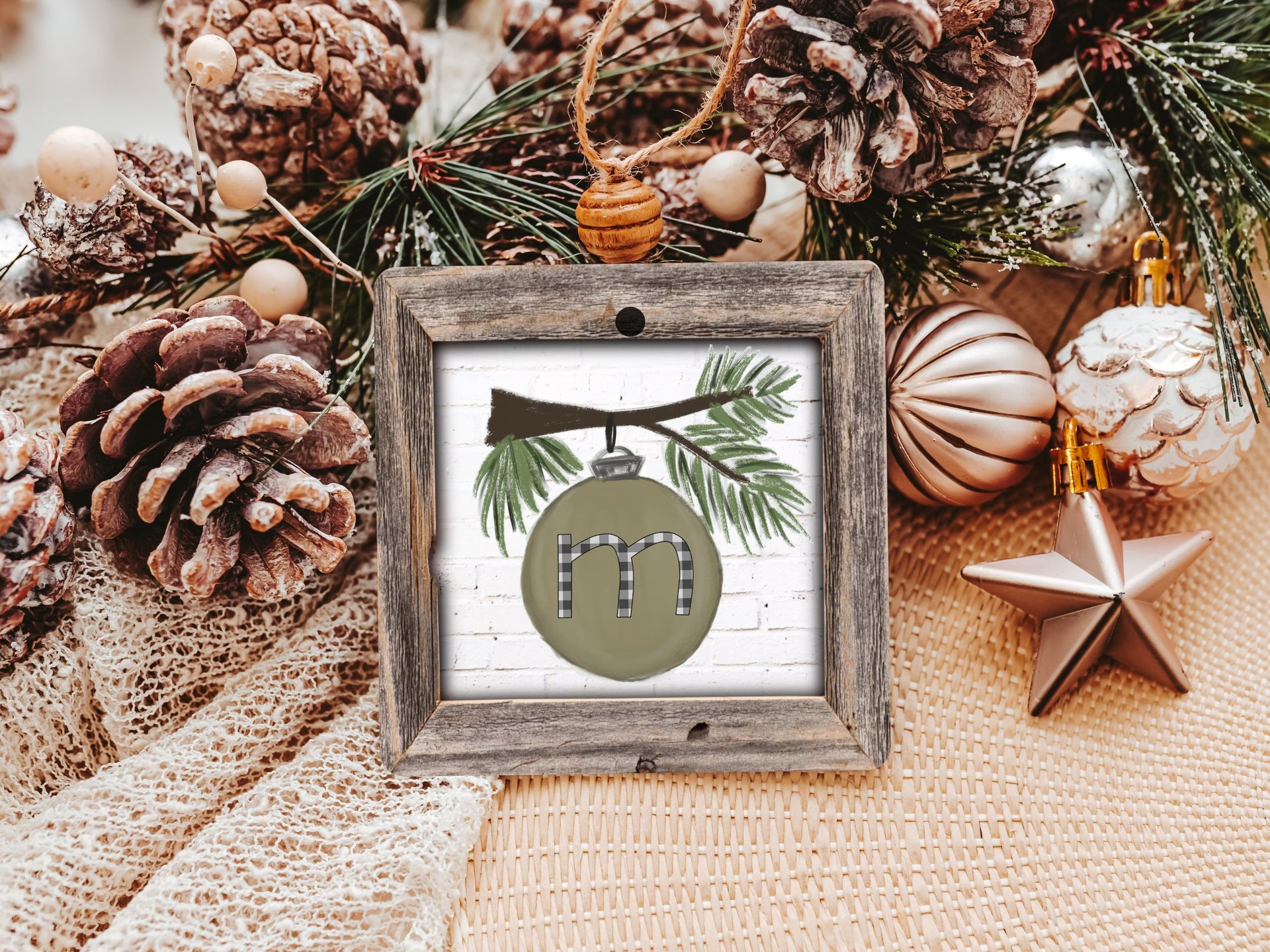 personalized initial ornament wood, custom sage green Christmas ornaments for family, farmhouse Christmas wedding gifts for couple, stocking