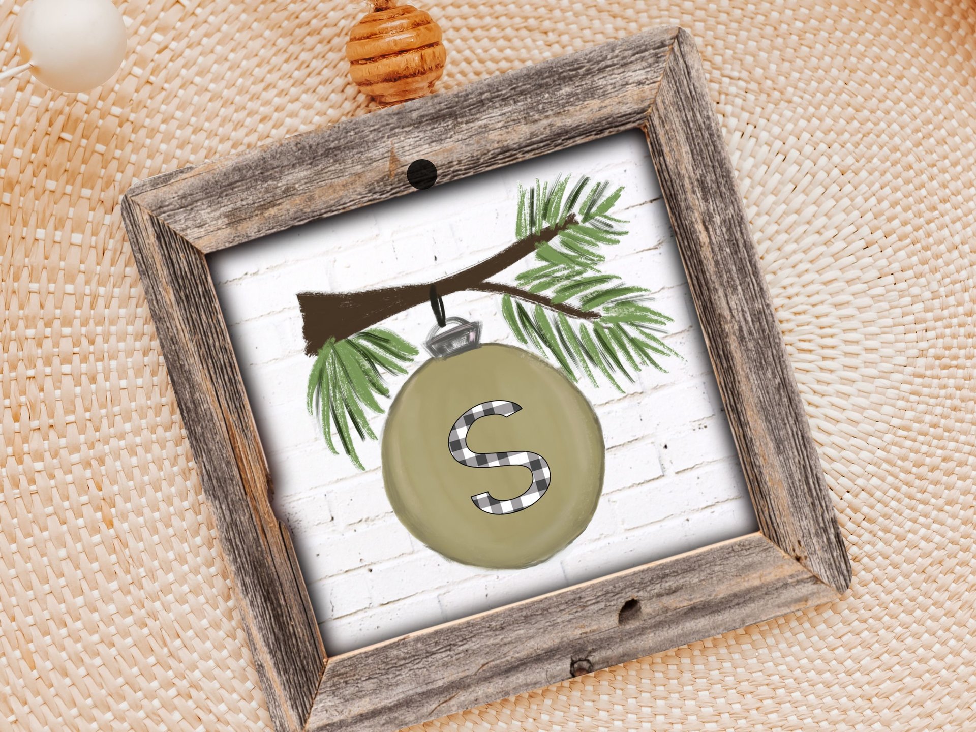 personalized initial ornament wood, custom sage green Christmas ornaments for family, farmhouse Christmas wedding gifts for couple, stocking