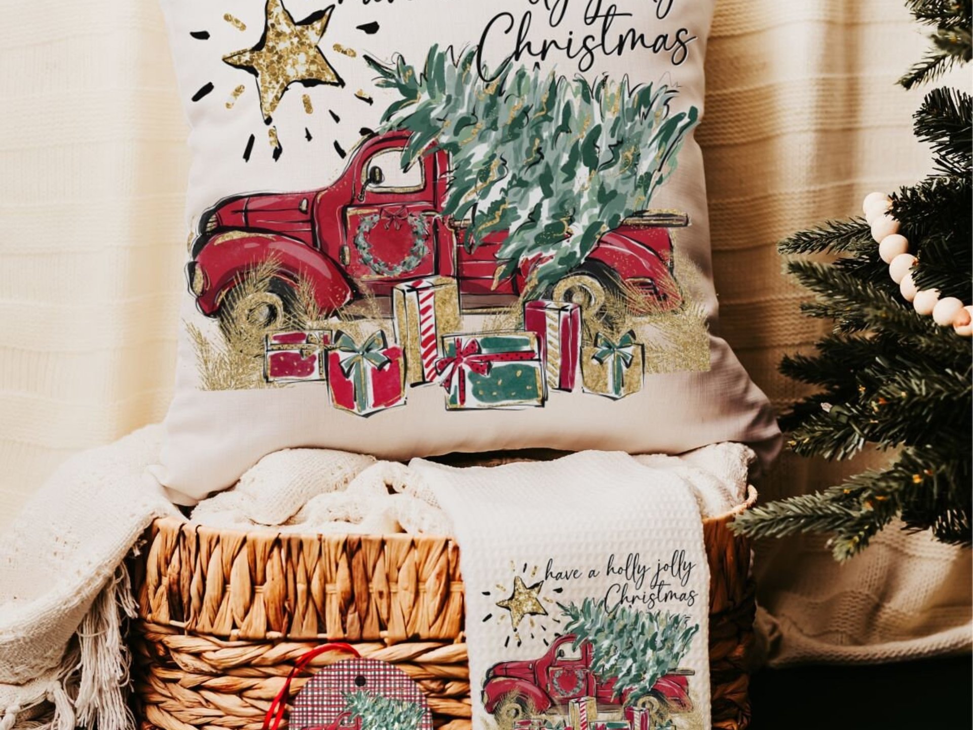 have a holly jolly Christmas throw pillows for couch with insert, farmhouse Christmas gift set for women, red truck Christmas ornaments wood