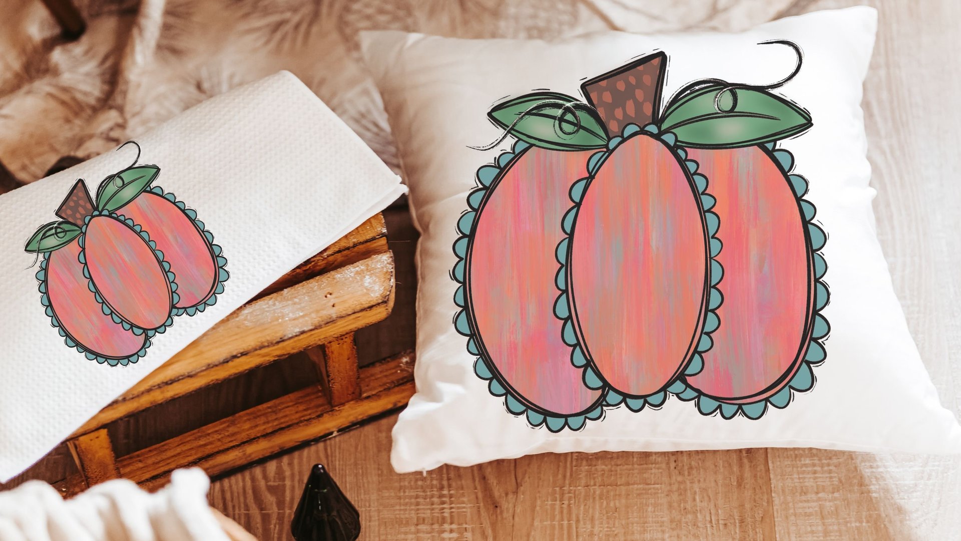 watercolor pumpkin throw pillows for couch trendy fall decor for home, autumn kitchen towels, Thanksgiving hostess gift for women, farmhouse
