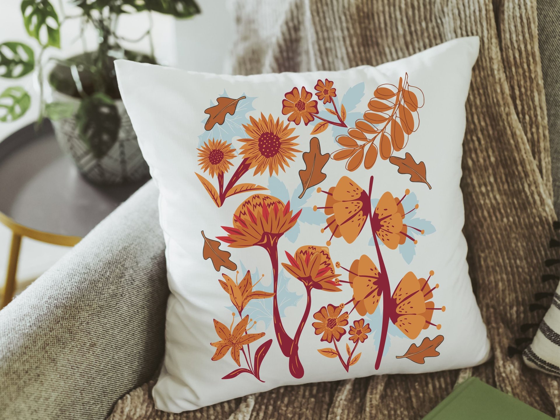 autumn leaves throw pillows for couch, fall style gift, vermillion red fall floral pillow covers 18x18, fall host gift, burnt orange accent