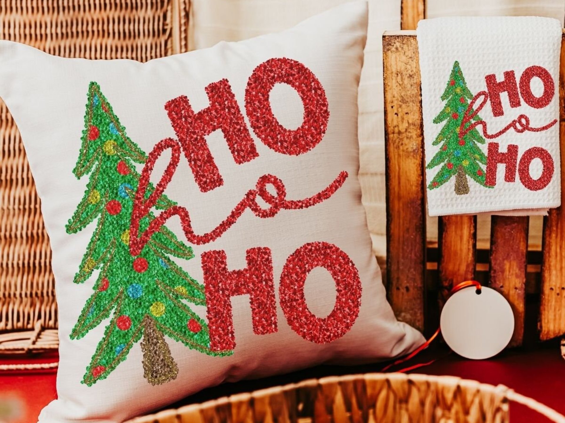 ho ho ho Christmas tree throw pillow for sofa, Christmas housewarming gift set for women, faux sequin Christmas kitchen towels, secret Santa