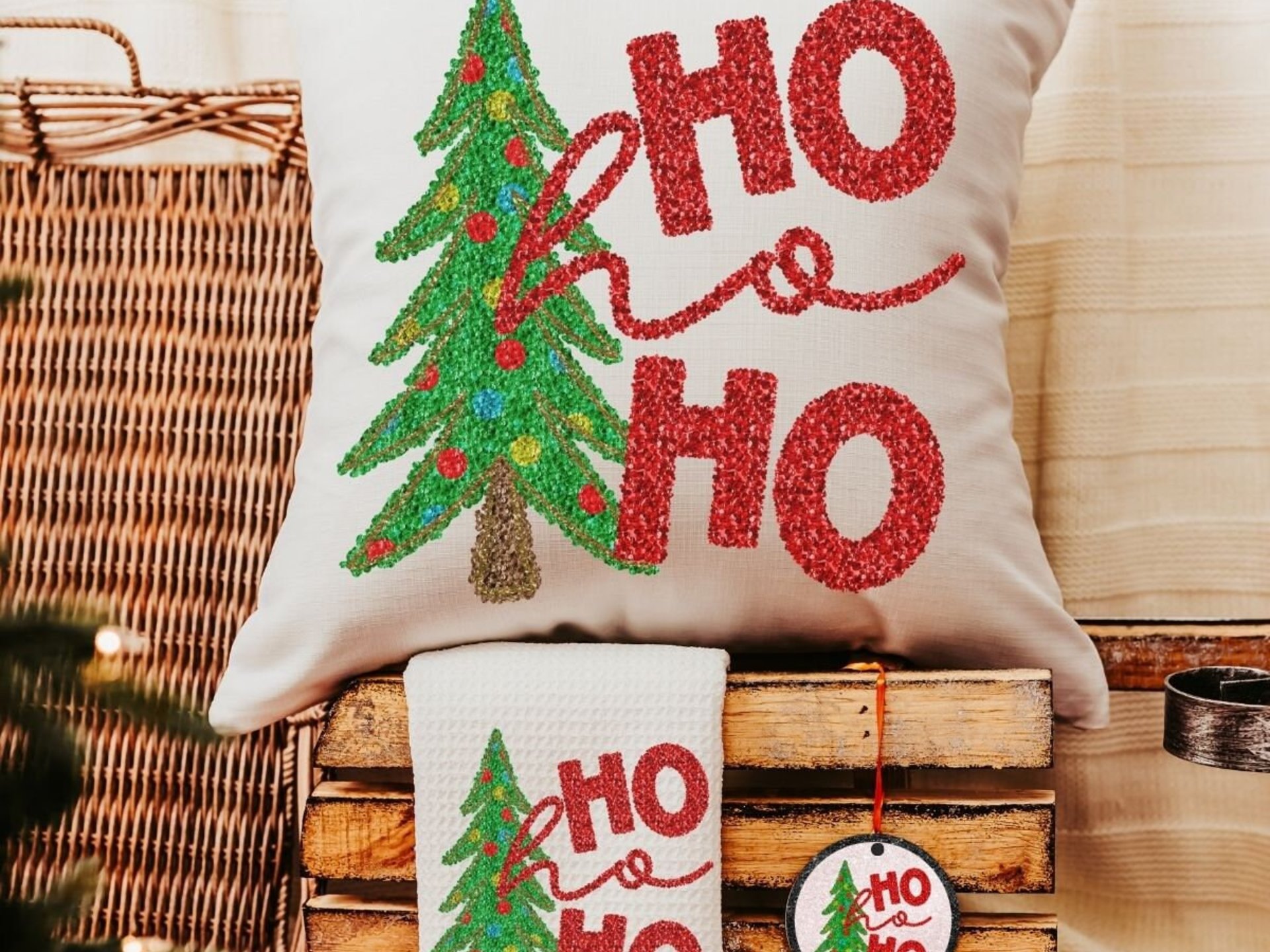ho ho ho Christmas tree throw pillow for sofa, Christmas housewarming gift set for women, faux sequin Christmas kitchen towels, secret Santa