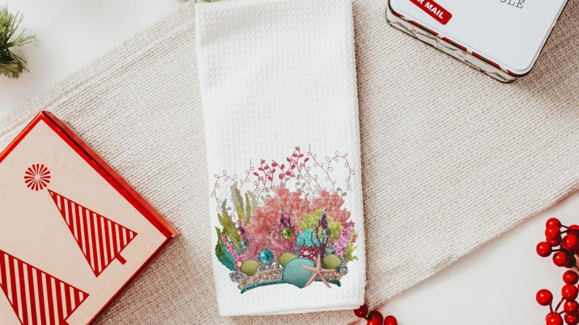 coastal Christmas ornaments for granddaughter, coral reef ornaments for girls, beach house hostess gift for women, housewarming gift set for