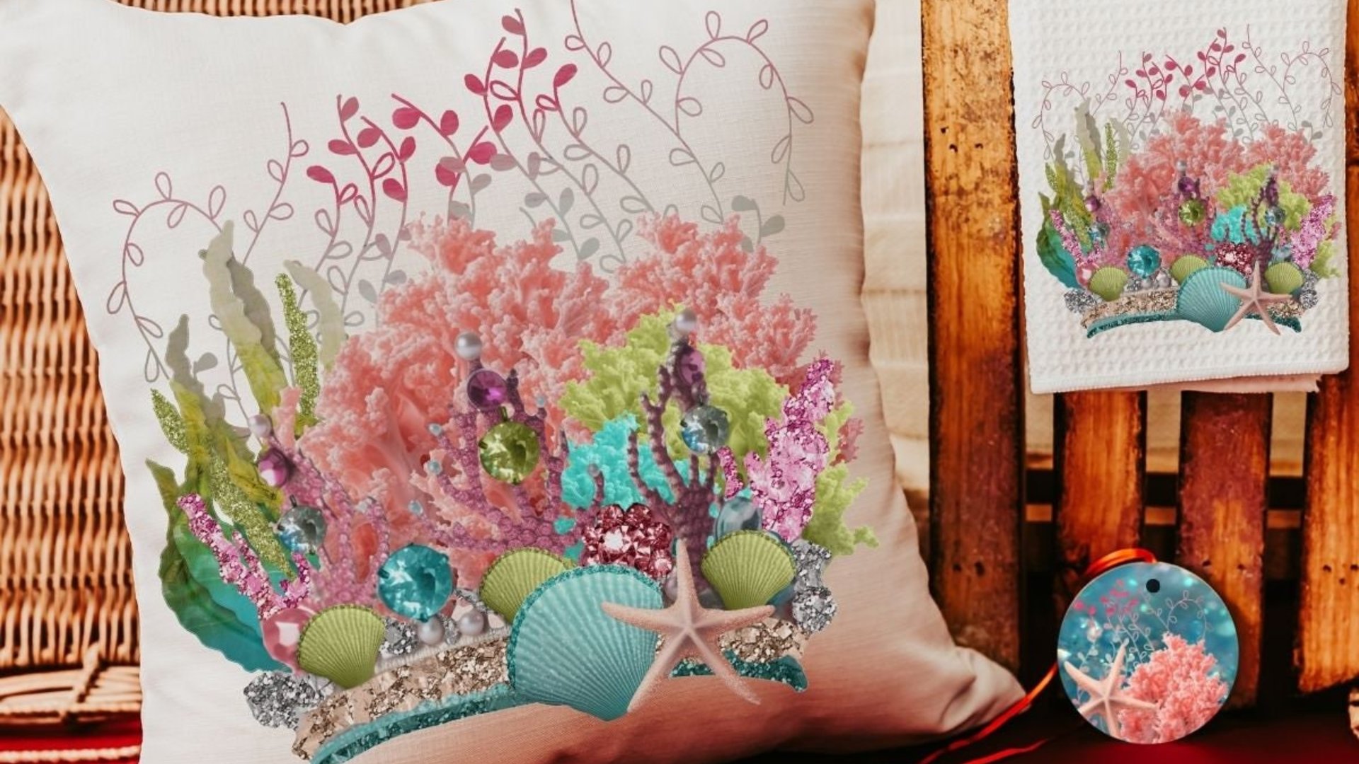 coastal housewarming gift set for friend, coral reef decor, beach Christmas ornaments for granddaughter, under the sea nursery throw pillows