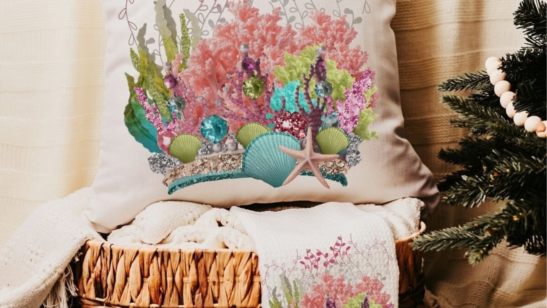 coastal housewarming gift set for friend, coral reef decor, beach Christmas ornaments for granddaughter, under the sea nursery throw pillows