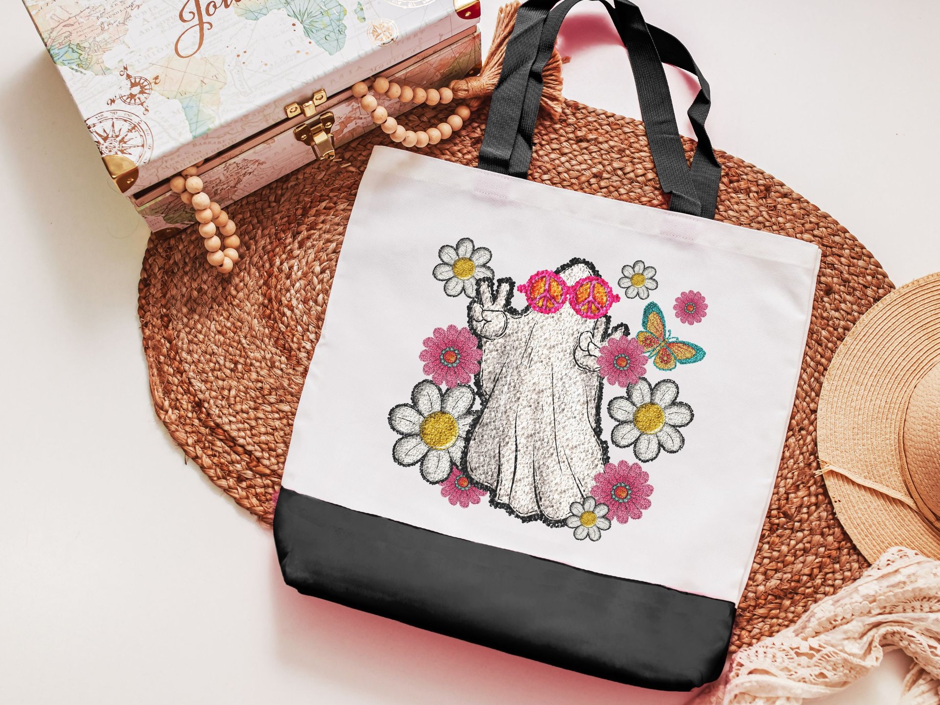 Groovy ghost Halloween tote bag