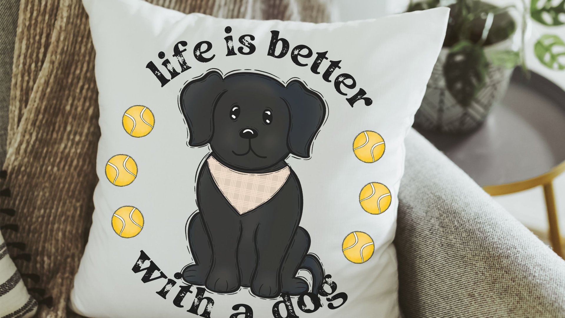 life is better with a dog throw pillows for sofa, black lab gifts, dog lover gift for women, black labrador decor, cute dog gifts for owners