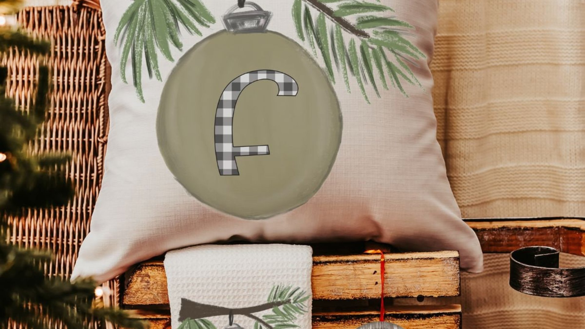 personalized initial throw pillows for Christmas ornament pillow covers 18 x 18, sage green Christmas decor, farmhouse Christmas gift set