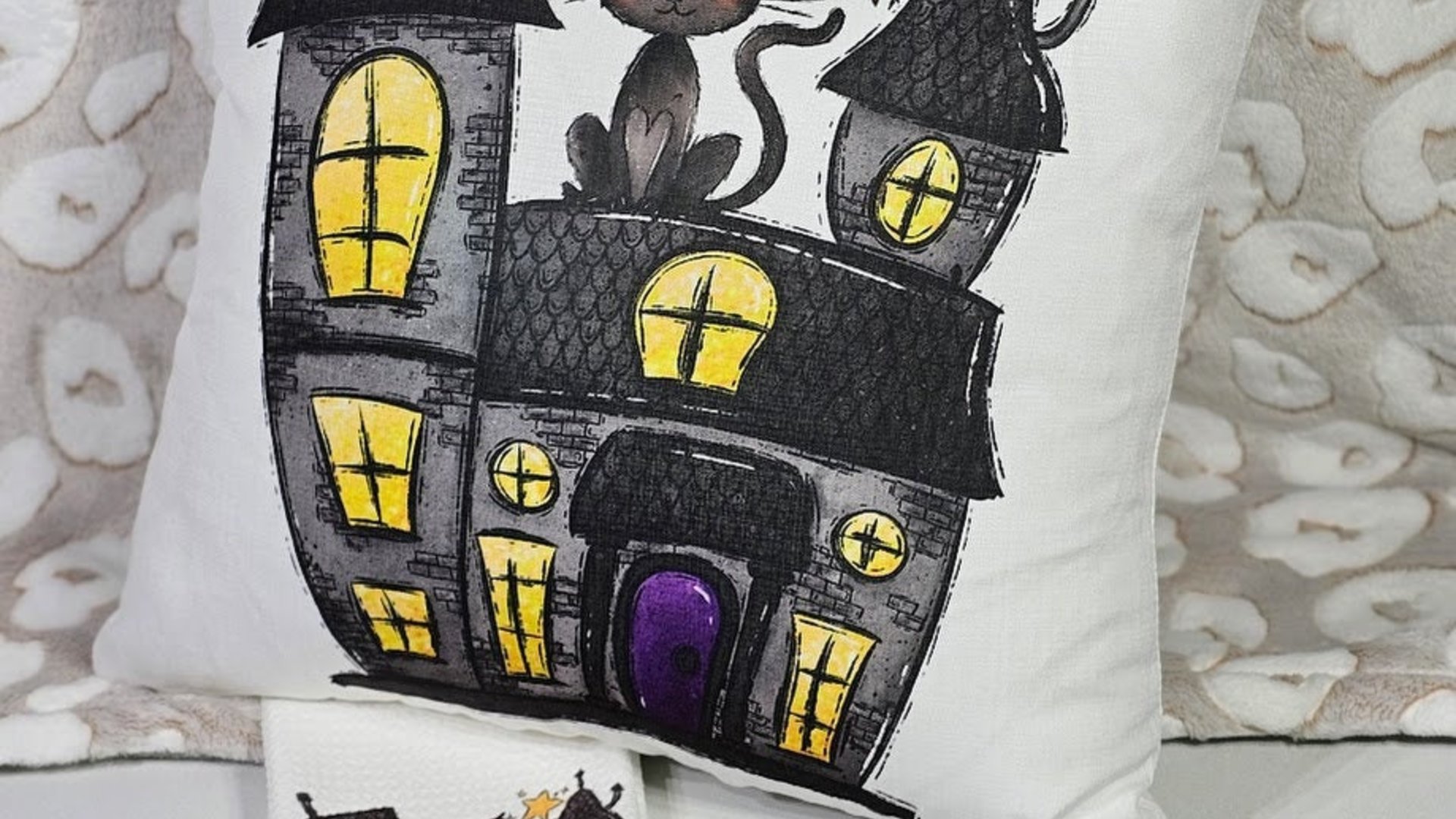 haunted house spooky cute Halloween kitchen towels, whimsigoth decor, whimsical Halloween gift set for women, black cat Halloween decor for
