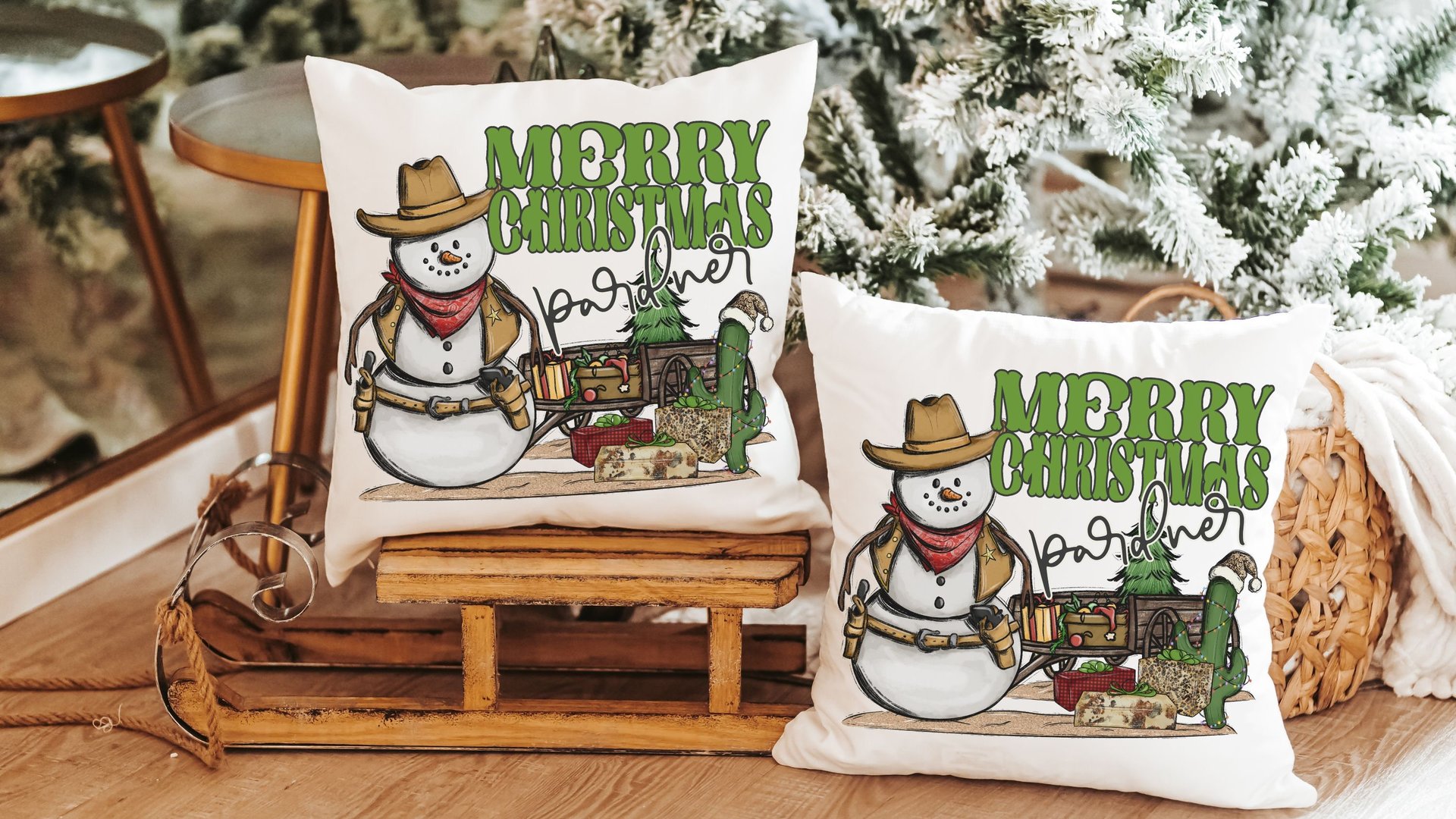 wild west cowboy snowman cute Christmas throw pillows for sofa, country western Christmas decor, cactus Christmas kitchen towel, funny