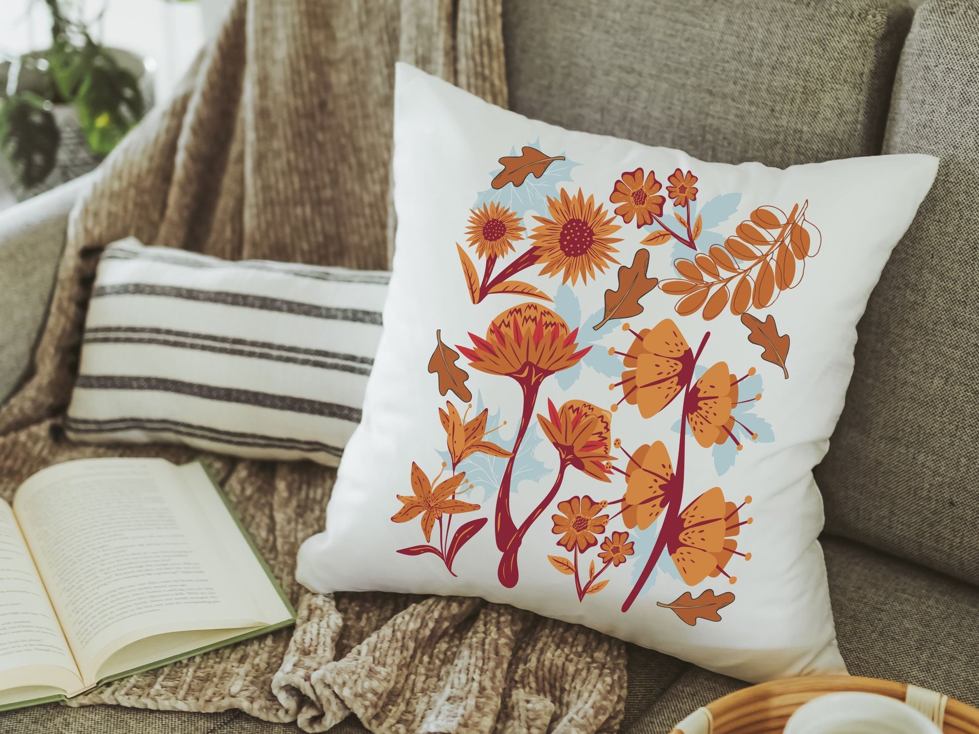 autumn leaves throw pillows for couch, fall style gift, vermillion red fall floral pillow covers 18x18, fall host gift, burnt orange accent