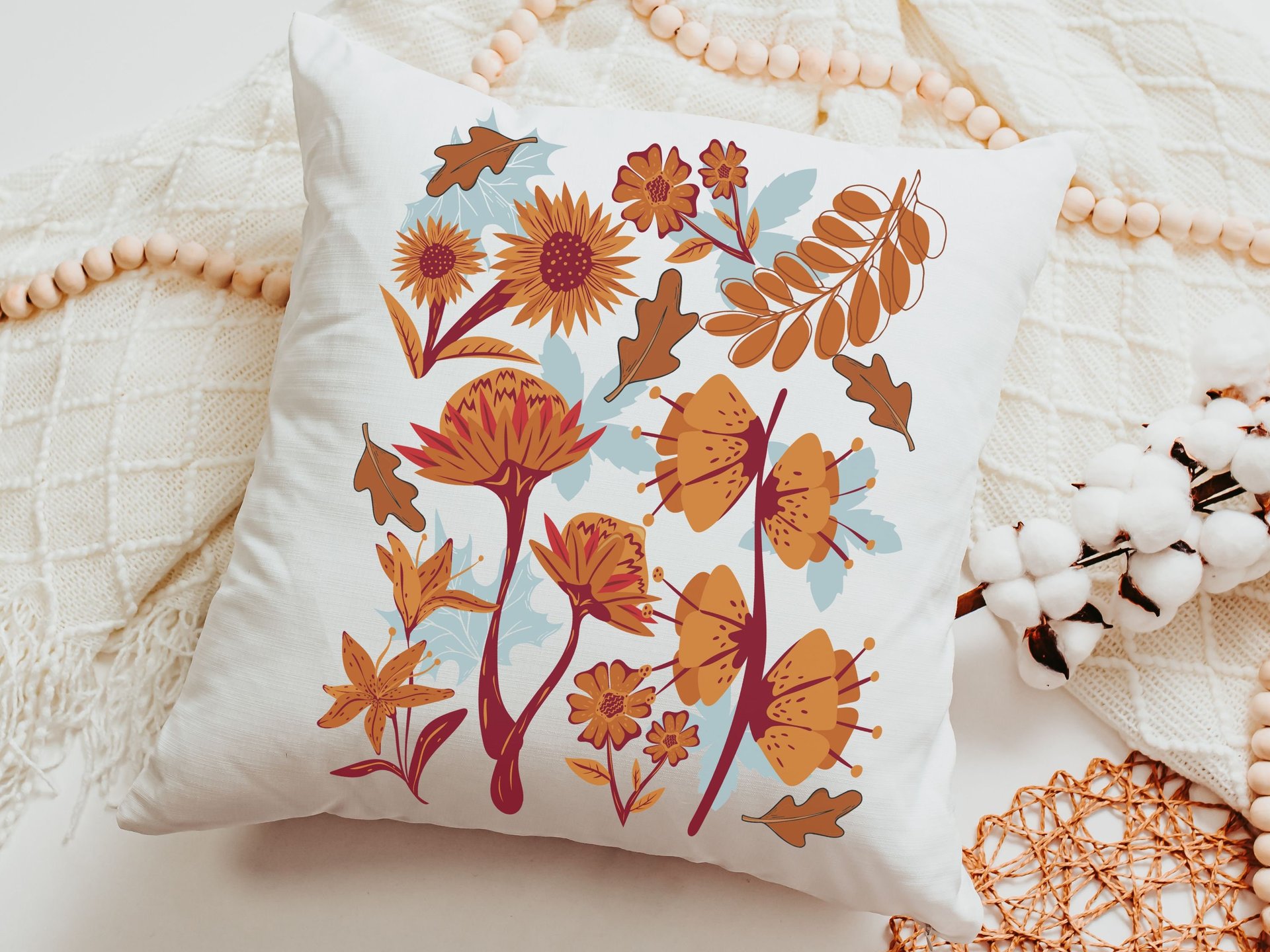 autumn leaves throw pillows for couch, fall style gift, vermillion red fall floral pillow covers 18x18, fall host gift, burnt orange accent