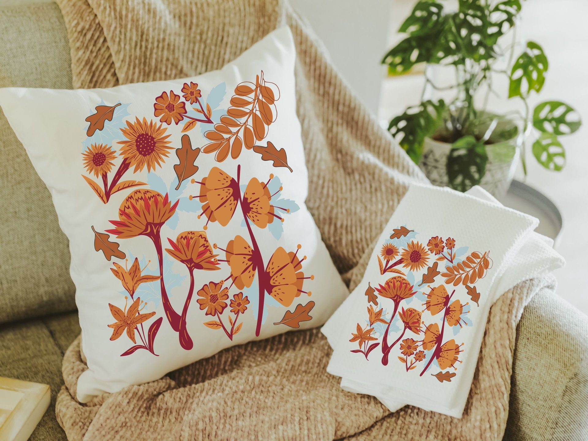 autumn leaves throw pillows for couch, fall style gift, vermillion red fall floral pillow covers 18x18, fall host gift, burnt orange accent