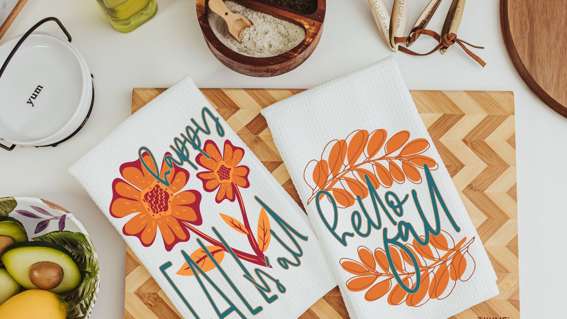 happy fall yall kitchen towels for friends, burgundy and orange flower hand towels for bathroom, fall housewarming gift for women, autumn