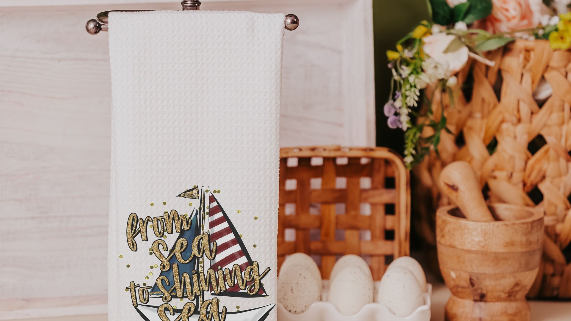 from sea to shining sea 4th of July kitchen towels for summer, sailboat kitchen decor, patriotic gifts for women, beach house gifts, sailing