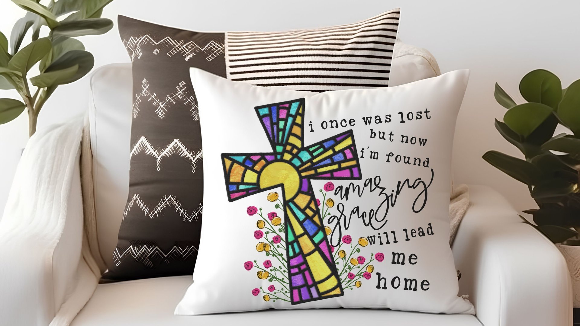 amazing grace floral decorative pillows for bed, Christian gifts for women sisters in Christ, stained glass cross throw pillows for couch