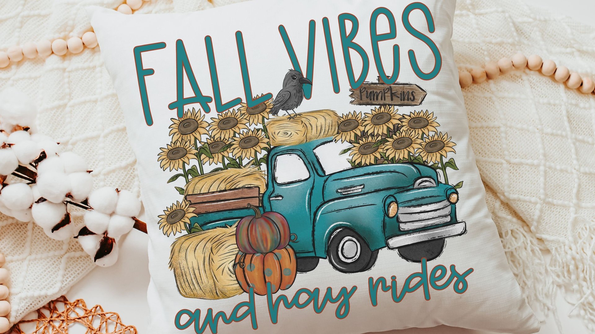 fall vibes and hayrides fall throw pillow covers 18 x 18, blue truck and pumpkin pillows for couch, sunflower gifts for women, autumn decor
