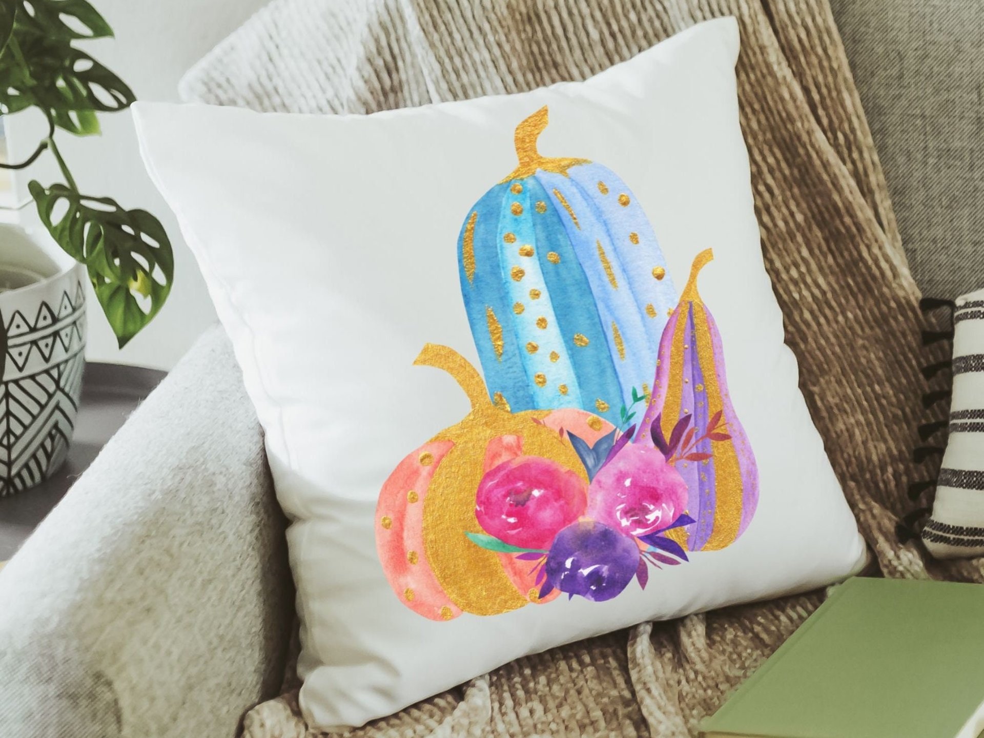 watercolor pumpkin throw pillow for couch, boo basket stuffers for adults, cute Halloween gifts for women, pastel Halloween decor for home