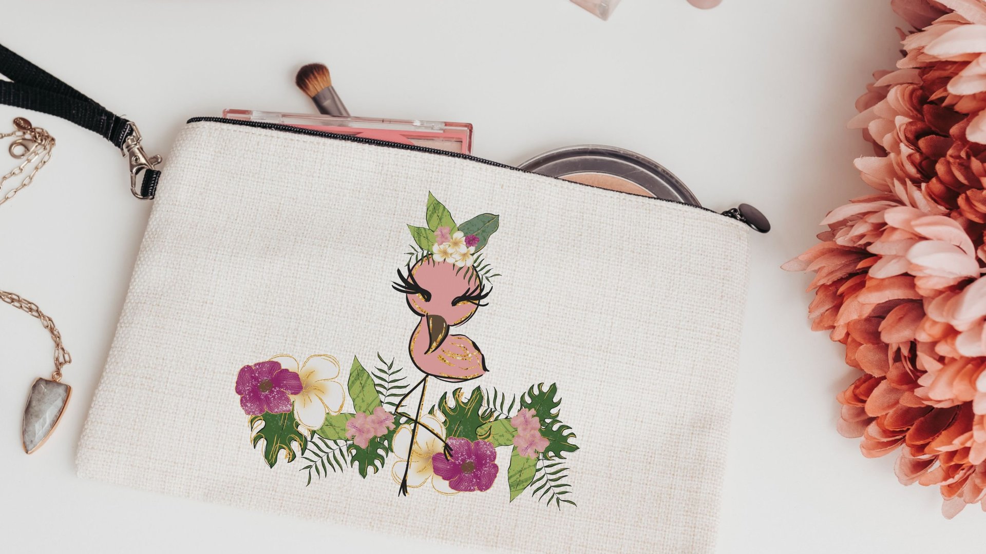 cute flamingo makeup bag for purse, flamingo gifts for women, monstera leaf cosmetic bag for girls, tropical bridesmaid gift, Easter basket
