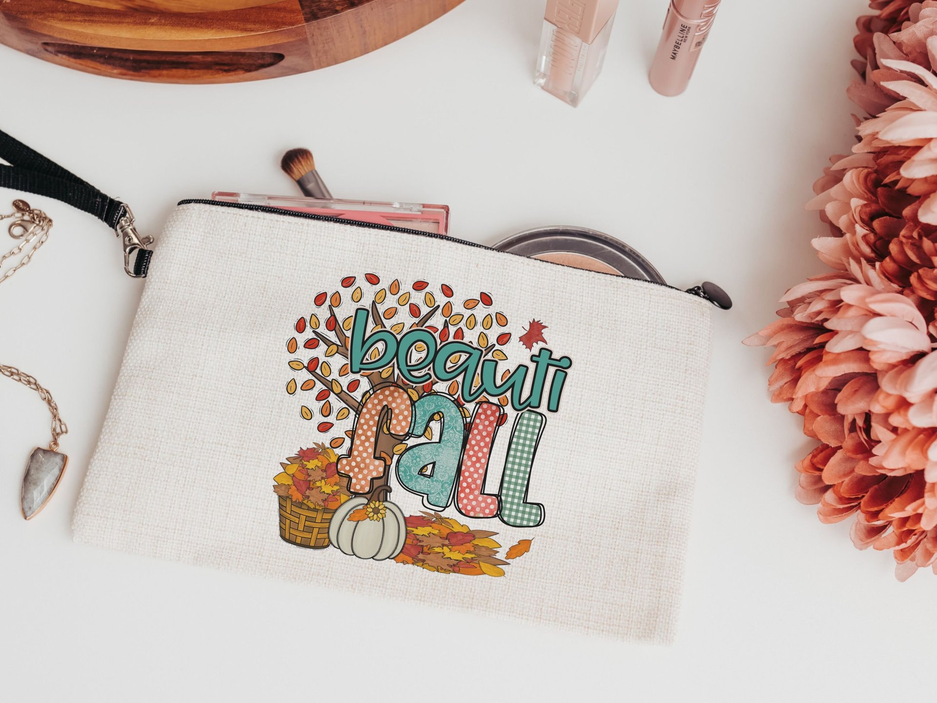 beautiful fall makeup bags best sellers, fall style gift, autumn leaves cosmetic bag for women, fall host gift, pumpkin season gift, zipper