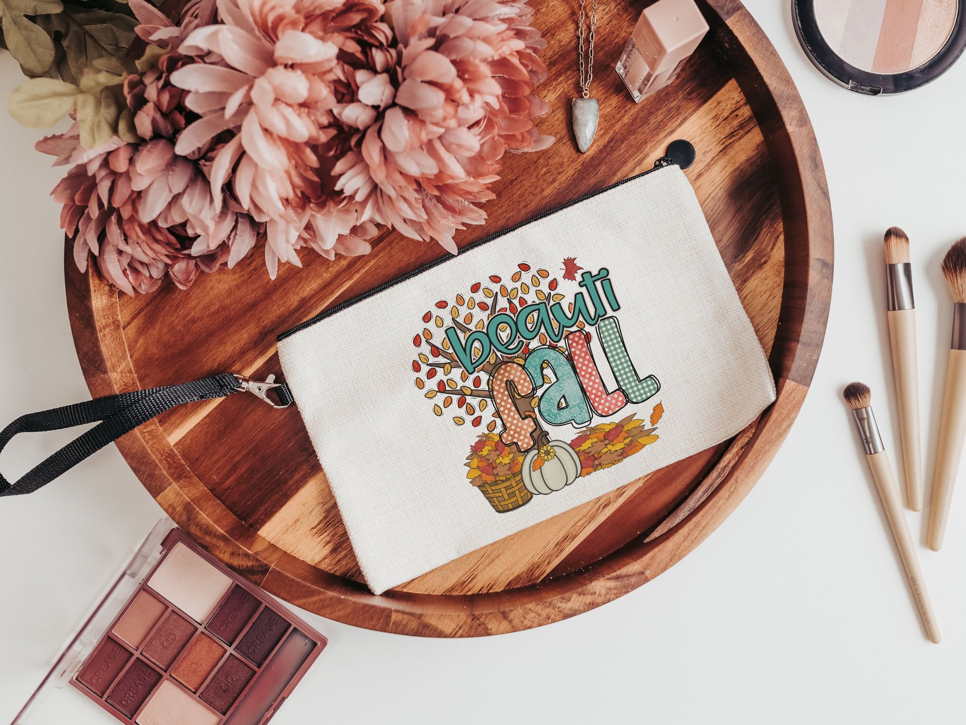 beautiful fall makeup bags best sellers, fall style gift, autumn leaves cosmetic bag for women, fall host gift, pumpkin season gift, zipper
