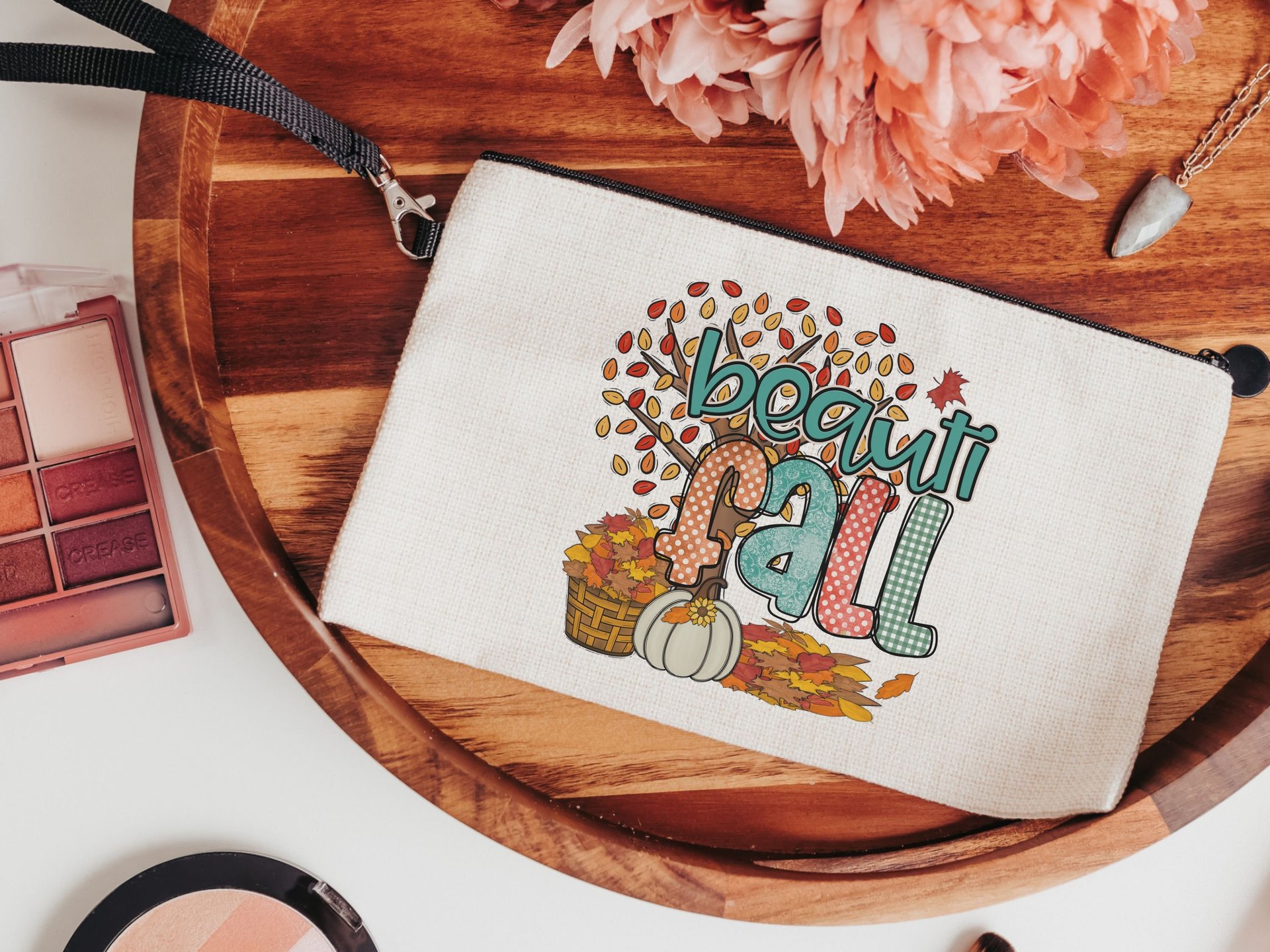 beautiful fall makeup bags best sellers, fall style gift, autumn leaves cosmetic bag for women, fall host gift, pumpkin season gift, zipper