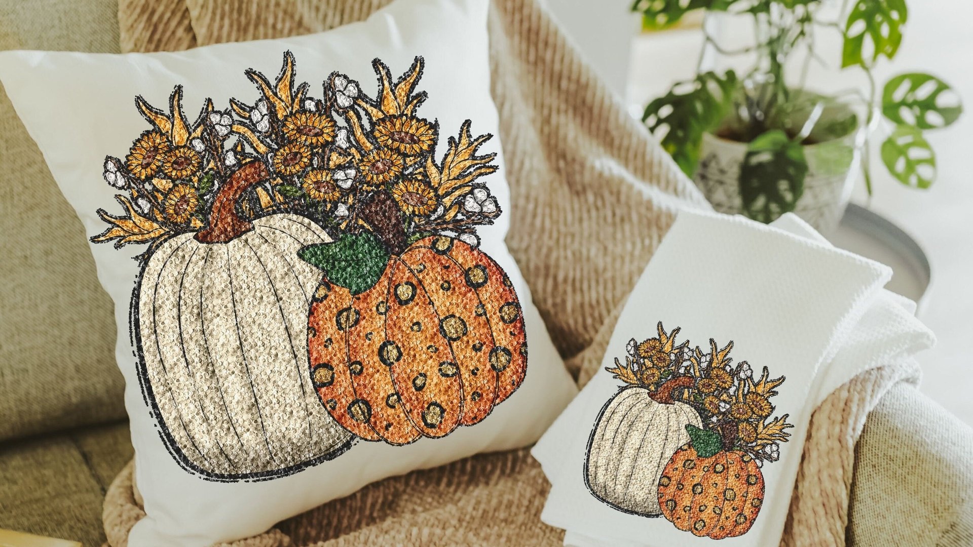 faux sequin sunflower throw pillow for sofa, fall decor for home, white pumpkin kitchen towel, Thanksgiving hostess gifts for women, orange