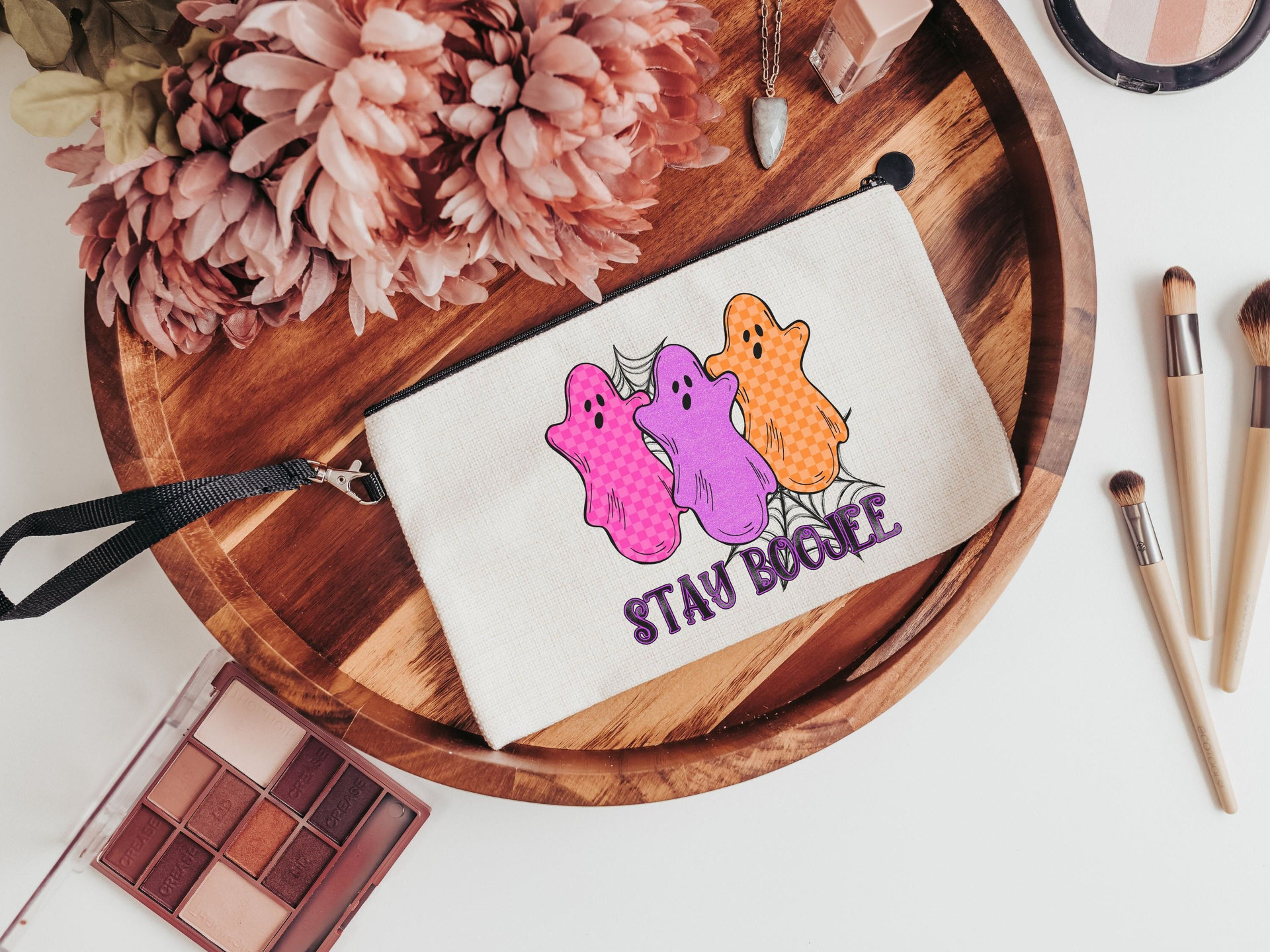 stay boojee trendy Halloween makeup bag cute ghost cosmetic bag for purse, Halloween gifts for tweens, October birthday gifts for her, hot
