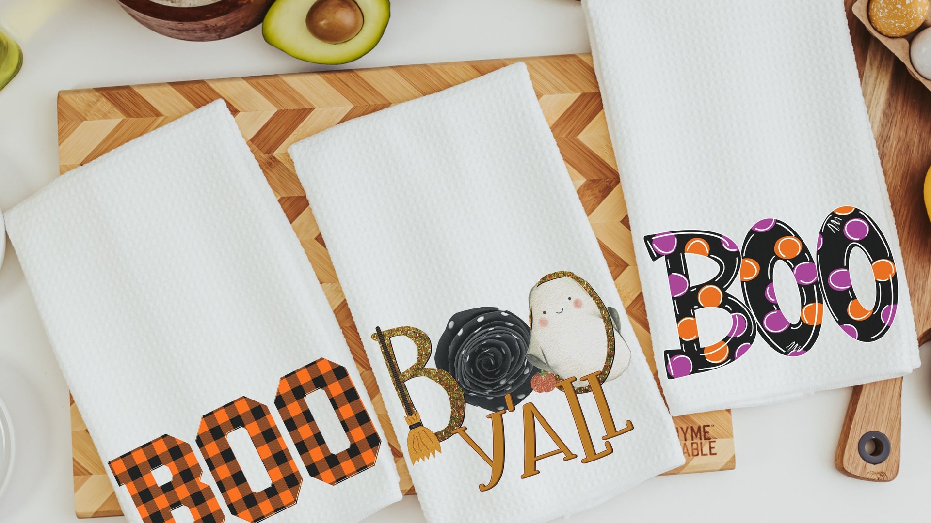 boo yall Halloween kitchen towels, October birthday gifts for her, orange buffalo plaid kitchen hand towels, fall decorations for home, best