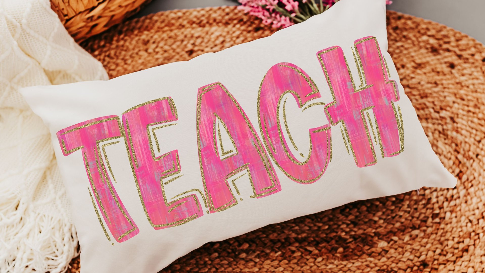 pink teach lumbar pillow for chair, cute teacher appreciation gifts for preschool teachers, kindergarten teacher office, best gifts for