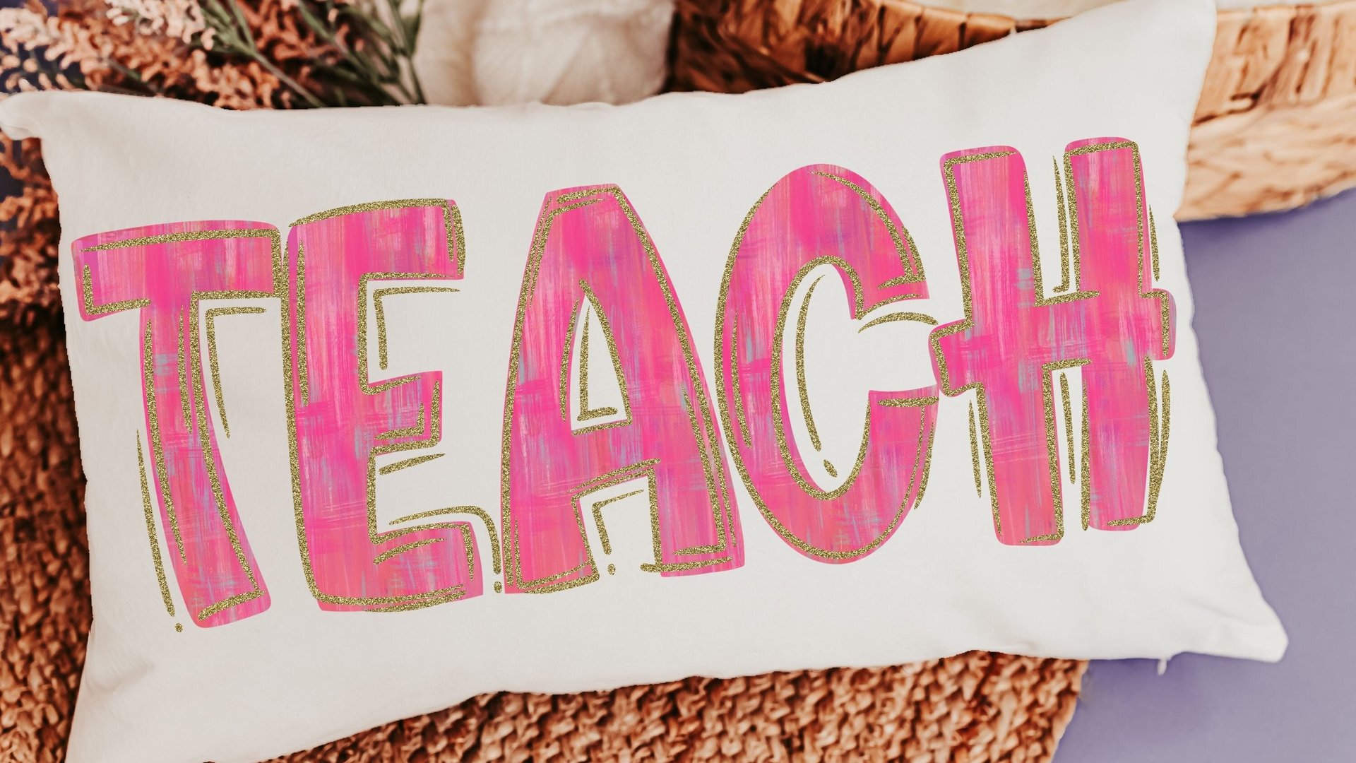 pink teach lumbar pillow for chair, cute teacher appreciation gifts for preschool teachers, kindergarten teacher office, best gifts for