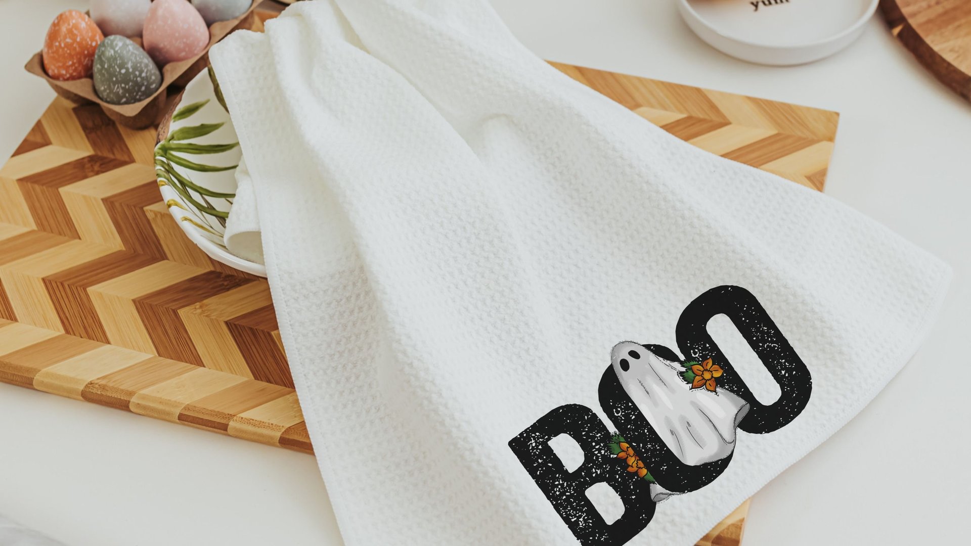 whimsical Halloween kitchen towel fall hand towels for bathroom, boo Halloween decorations for home, floral ghost kitchen decor, spooky cute