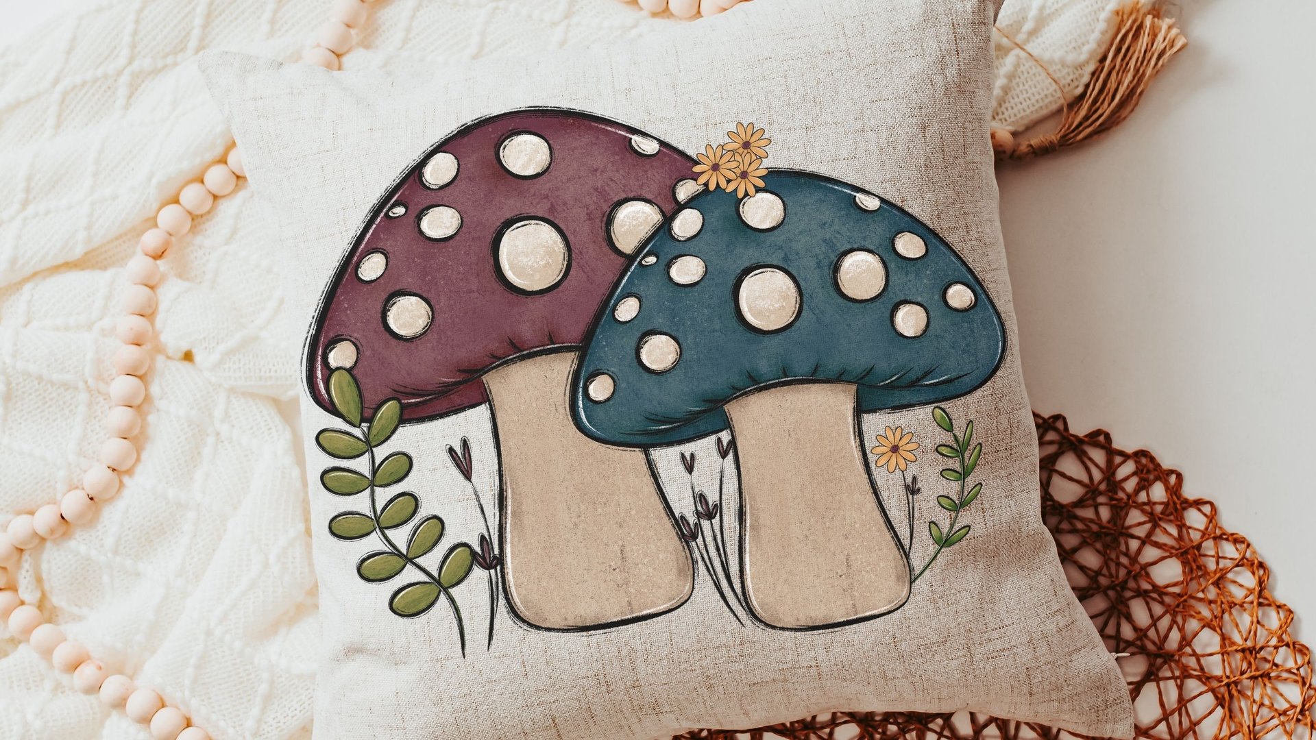 teal mushroom throw pillows for couch, dusty mauve toadstool decor, mushroom gifts for women, cottagecore decor, accent pillows for bedroom