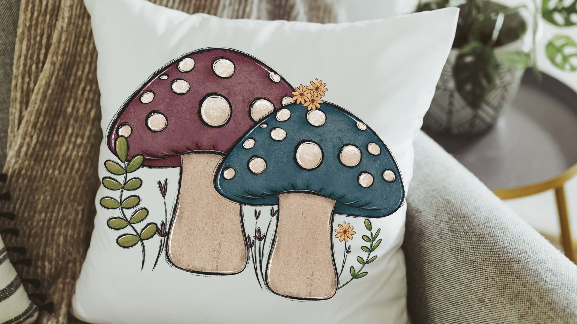 teal mushroom throw pillows for couch, dusty mauve toadstool decor, mushroom gifts for women, cottagecore decor, accent pillows for bedroom