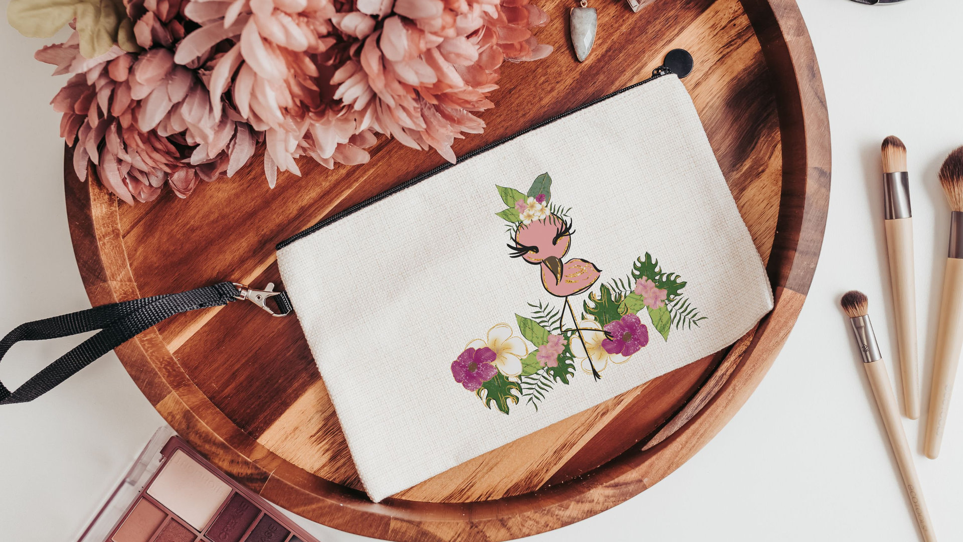 cute flamingo makeup bag for purse, flamingo gifts for women, monstera leaf cosmetic bag for girls, tropical bridesmaid gift, Easter basket