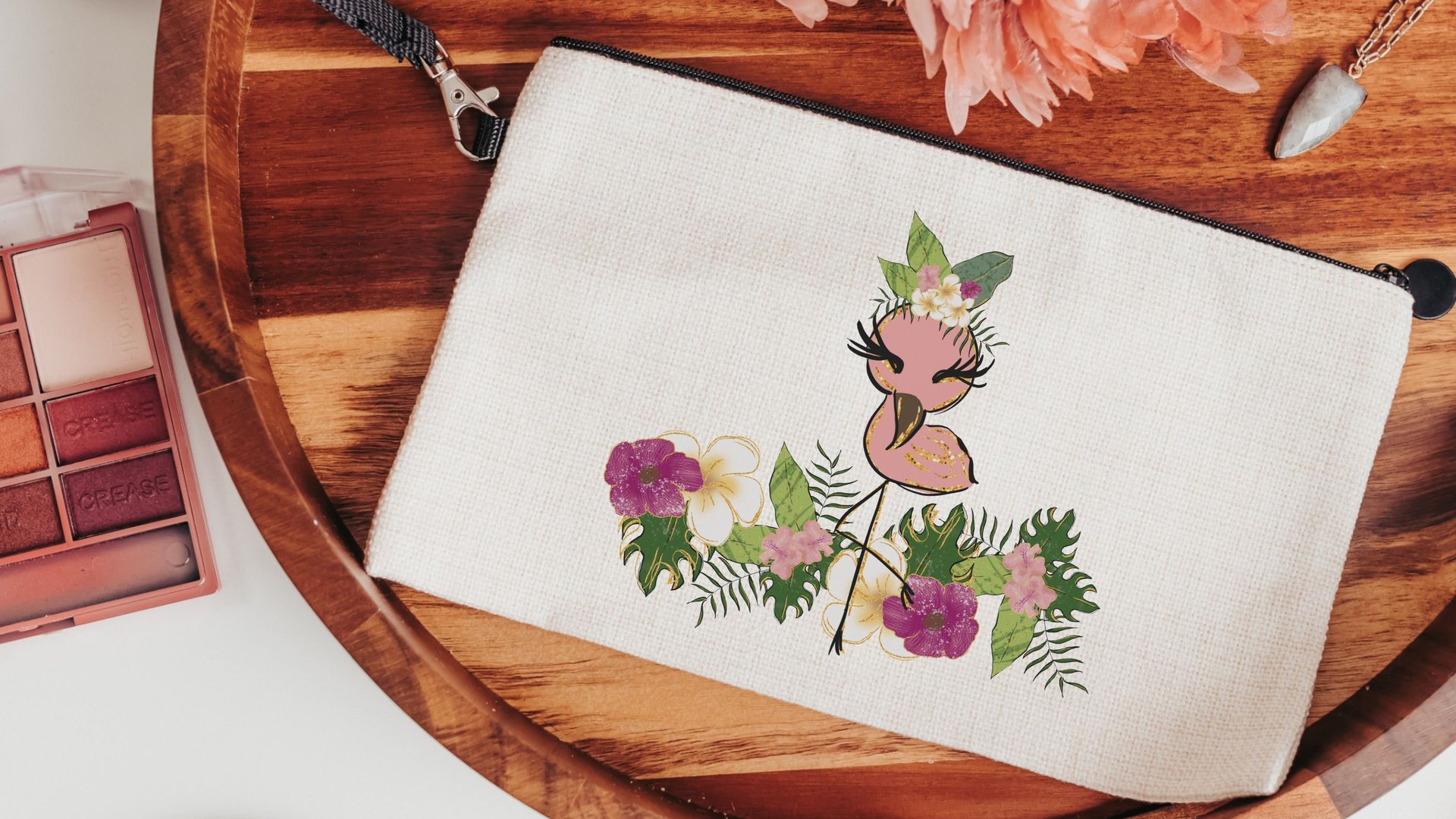 cute flamingo makeup bag for purse, flamingo gifts for women, monstera leaf cosmetic bag for girls, tropical bridesmaid gift, Easter basket