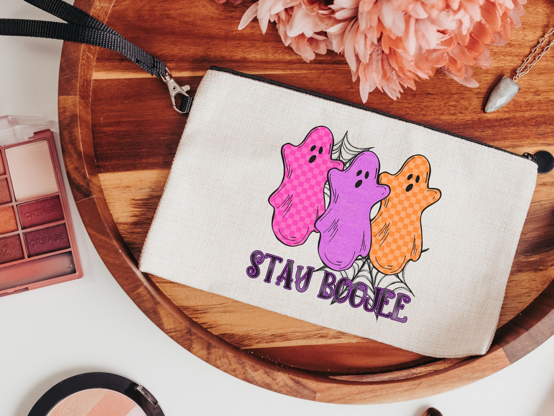 stay boojee trendy Halloween makeup bag cute ghost cosmetic bag for purse, Halloween gifts for tweens, October birthday gifts for her, hot