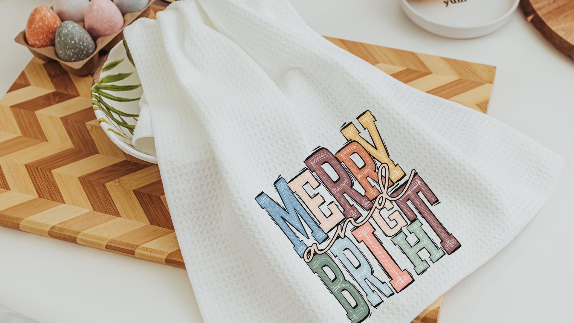 merry and bright kitchen towels for Christmas, boho Christmas hand towel for guest bathroom, trending Christmas gifts for new homeowners