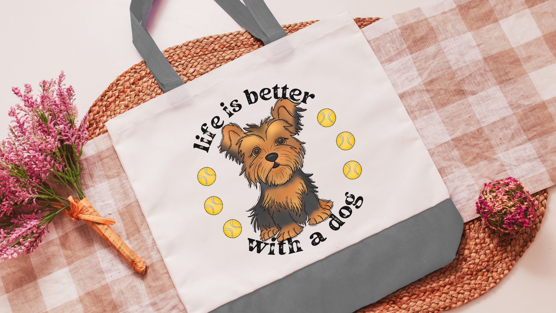 life is better with dogs Yorkshire terrier tote bag for women, cute Mothers day gifts from dog lover tote bag for books, Yorkie gifts, best