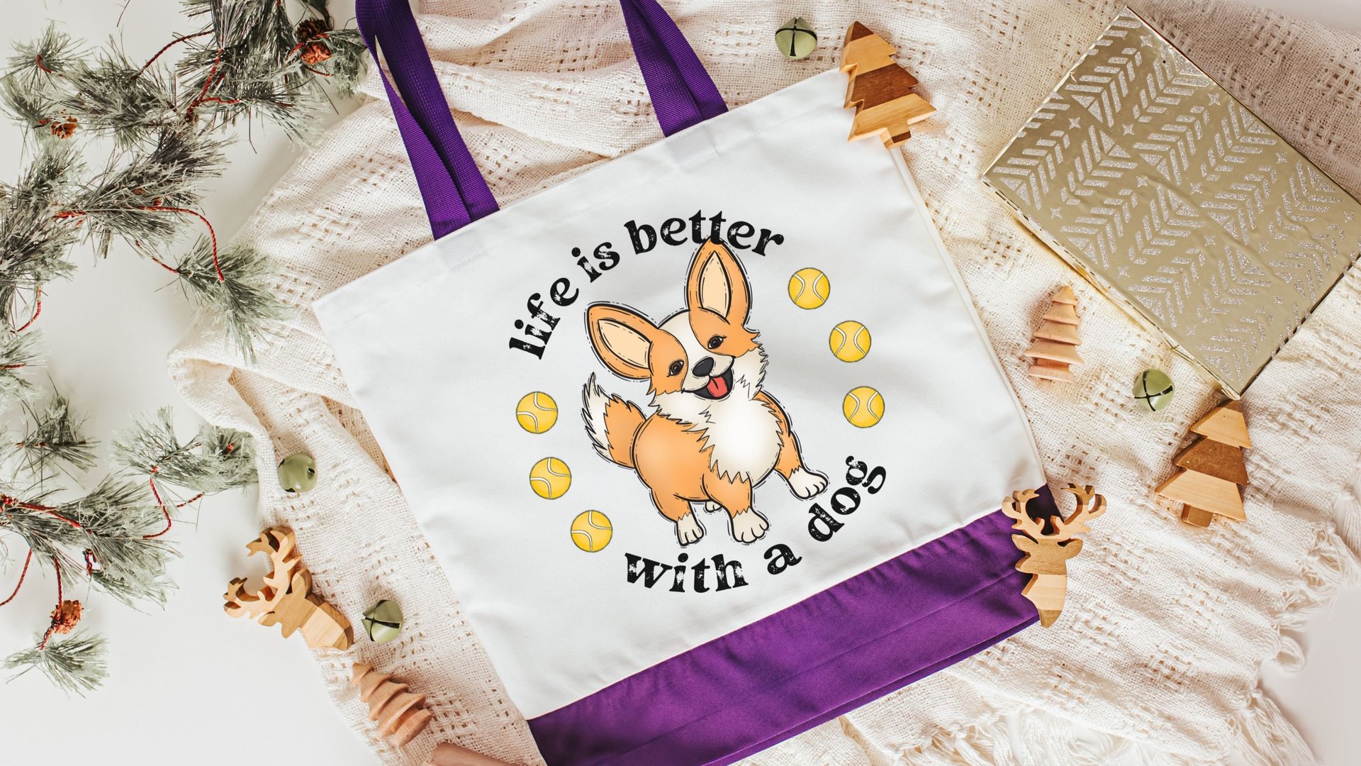 life is better with a dog corgi tote bag for women, Pembroke Welsh corgi gifts for corgi lovers, cute corgi mom tote bag for books, cardigan