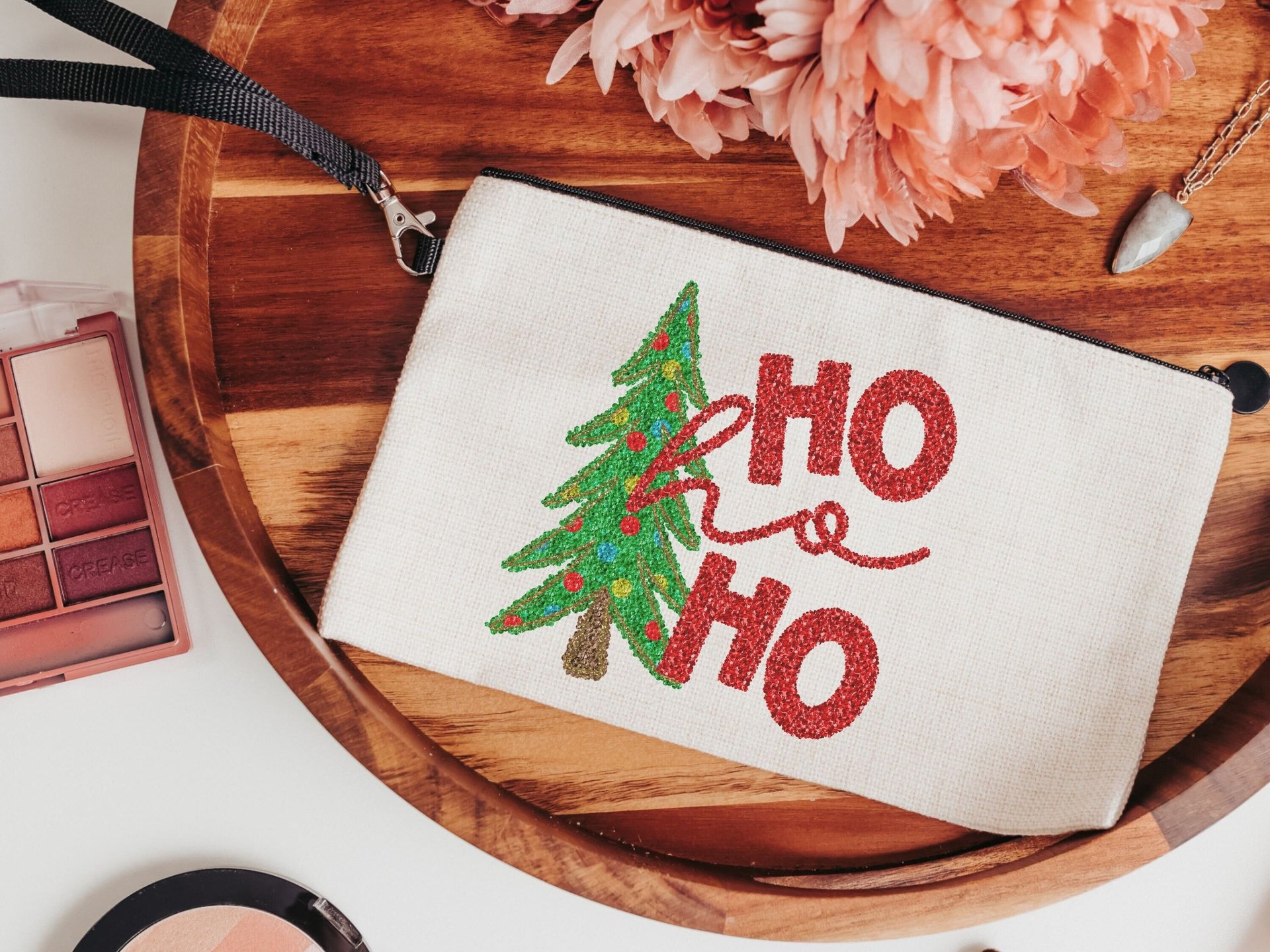 ho ho ho Christmas wristlet with strap, faux sequin Christmas tree Christmas makeup bag for women, unique stocking stuffers mom Christmas