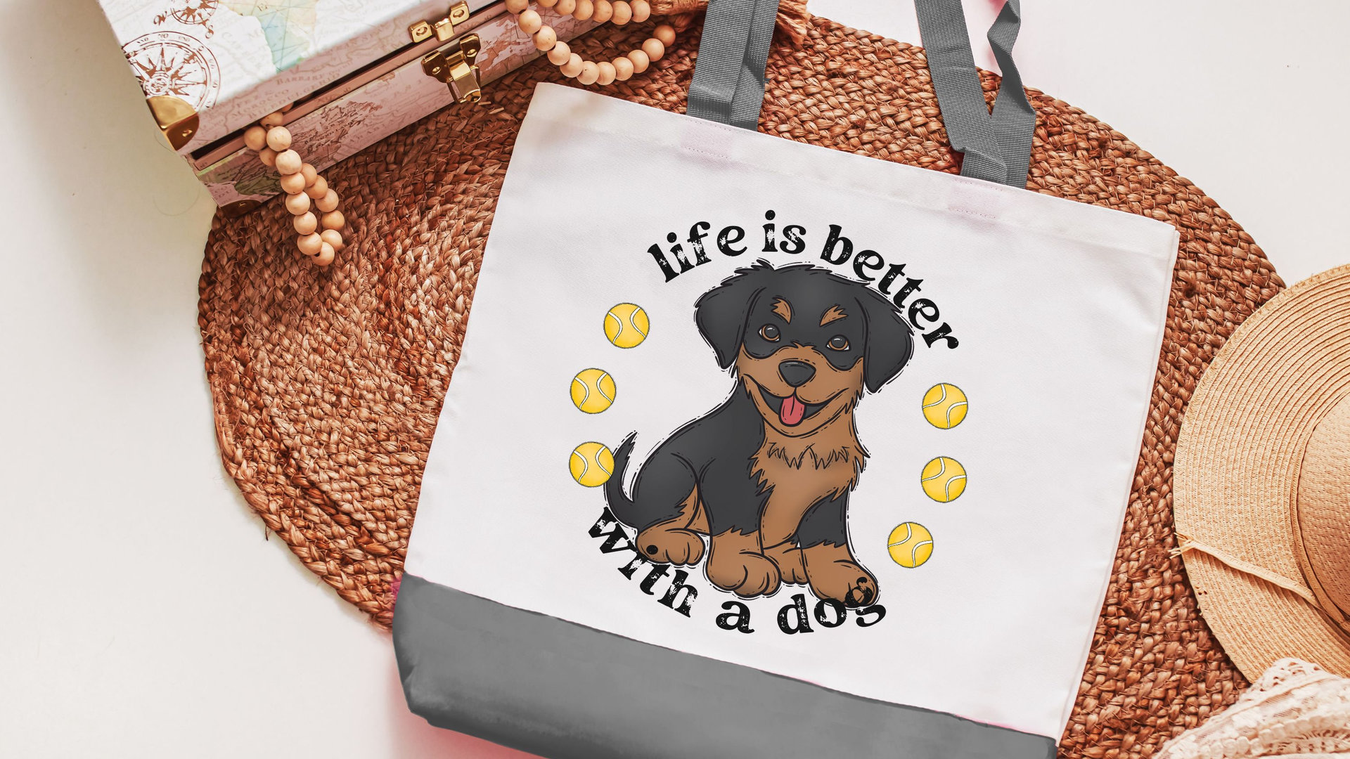Life is better with a dog, rottweiler tote bag