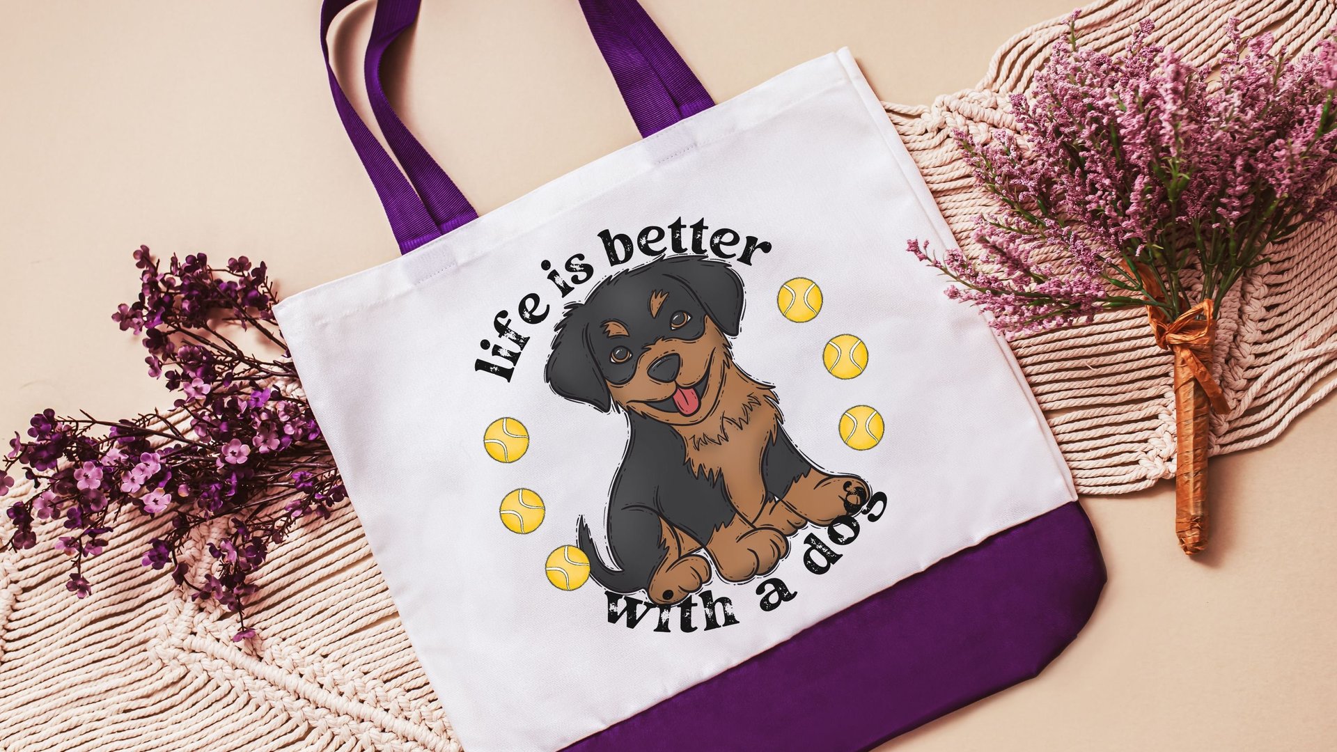 life is better with dogs rottweiler tote bag for women, rottie mama rottweiler gifts, reusable shopping bag, dog lover gift for her, cute