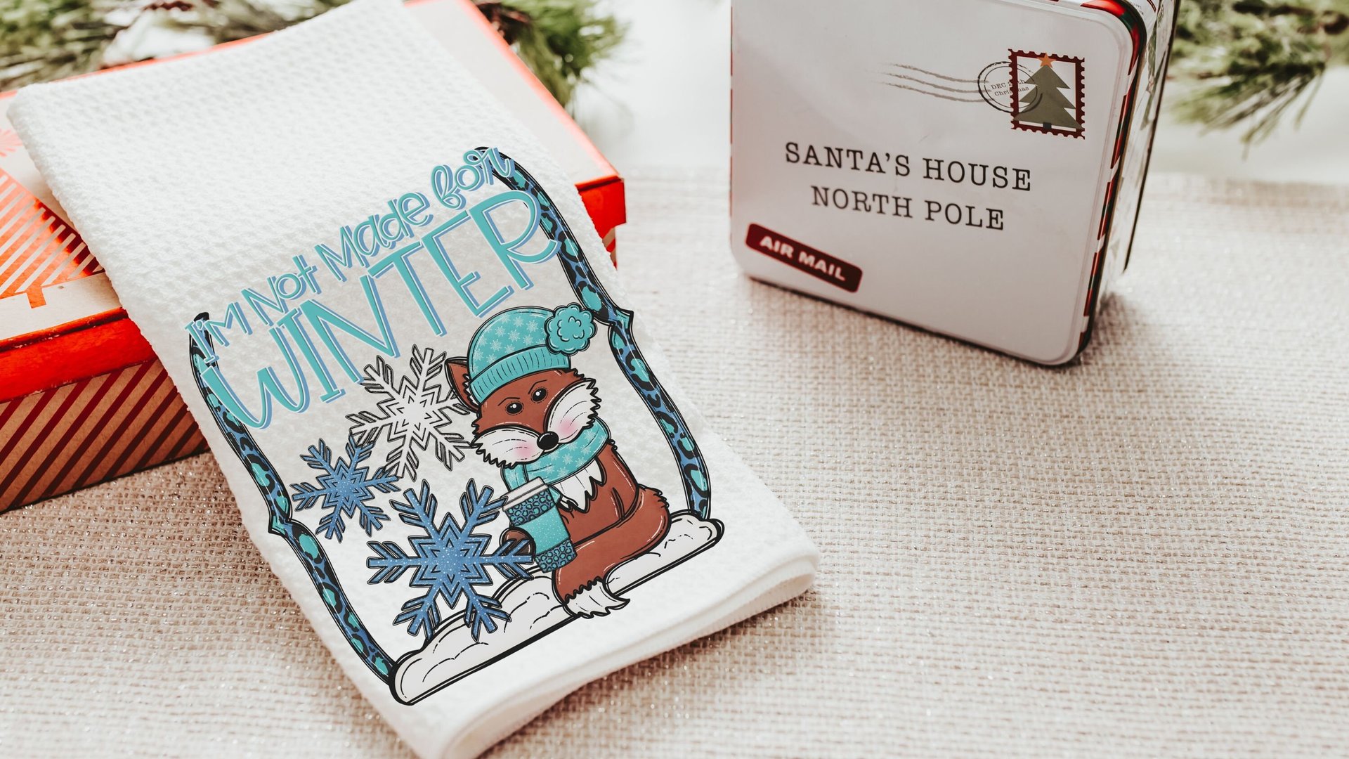 winter woodland hand towels blue Christmas kitchen towels for mom, stocking stuffers for adults, cute Christmas gifts for sister, winter fox
