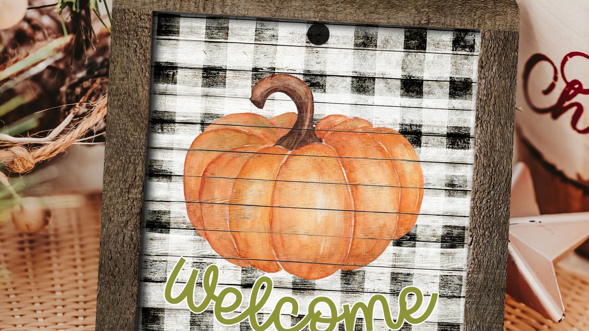 farmhouse pumpkin ornament welcome wreath attachments for fall style gift, Thanksgiving ornaments for tree, fall host gift, black and white