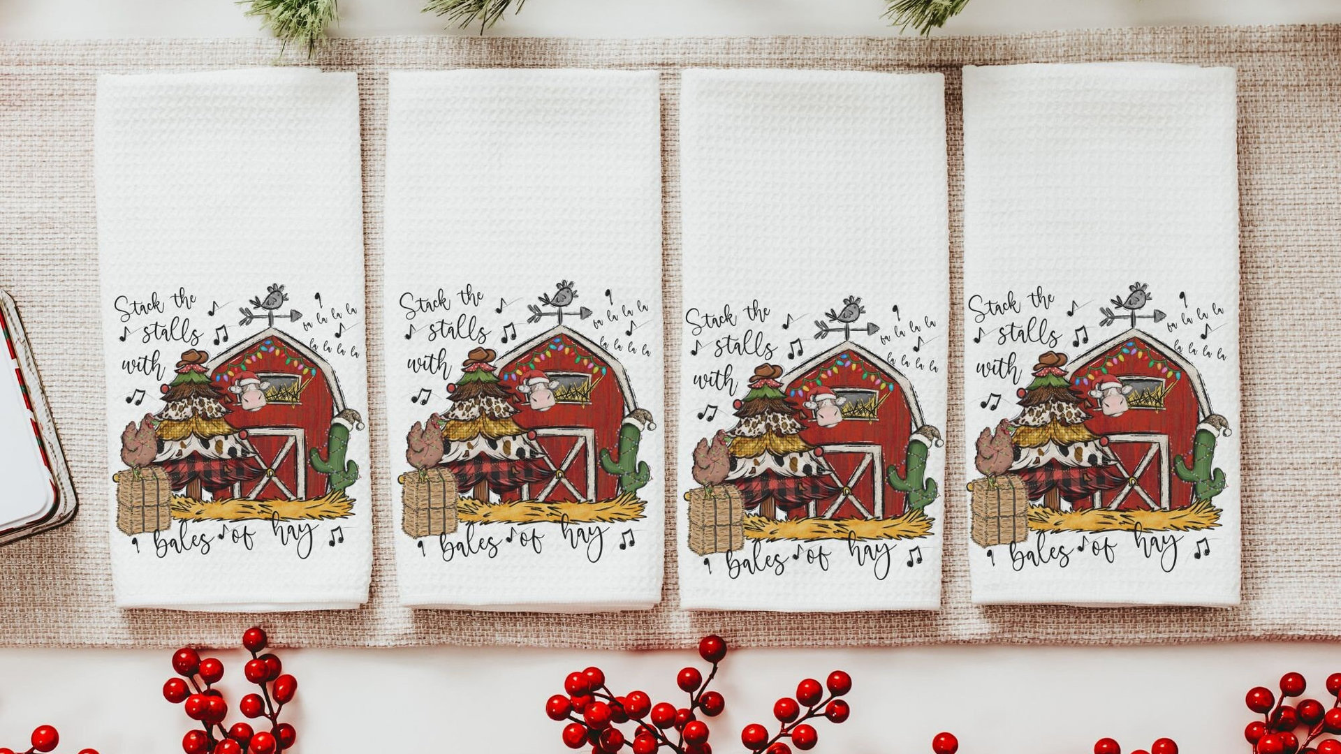 deck the halls farm Christmas kitchen towels for winter, cute Christmas hostess gifts for women, funny stocking stuffers for adult, red barn
