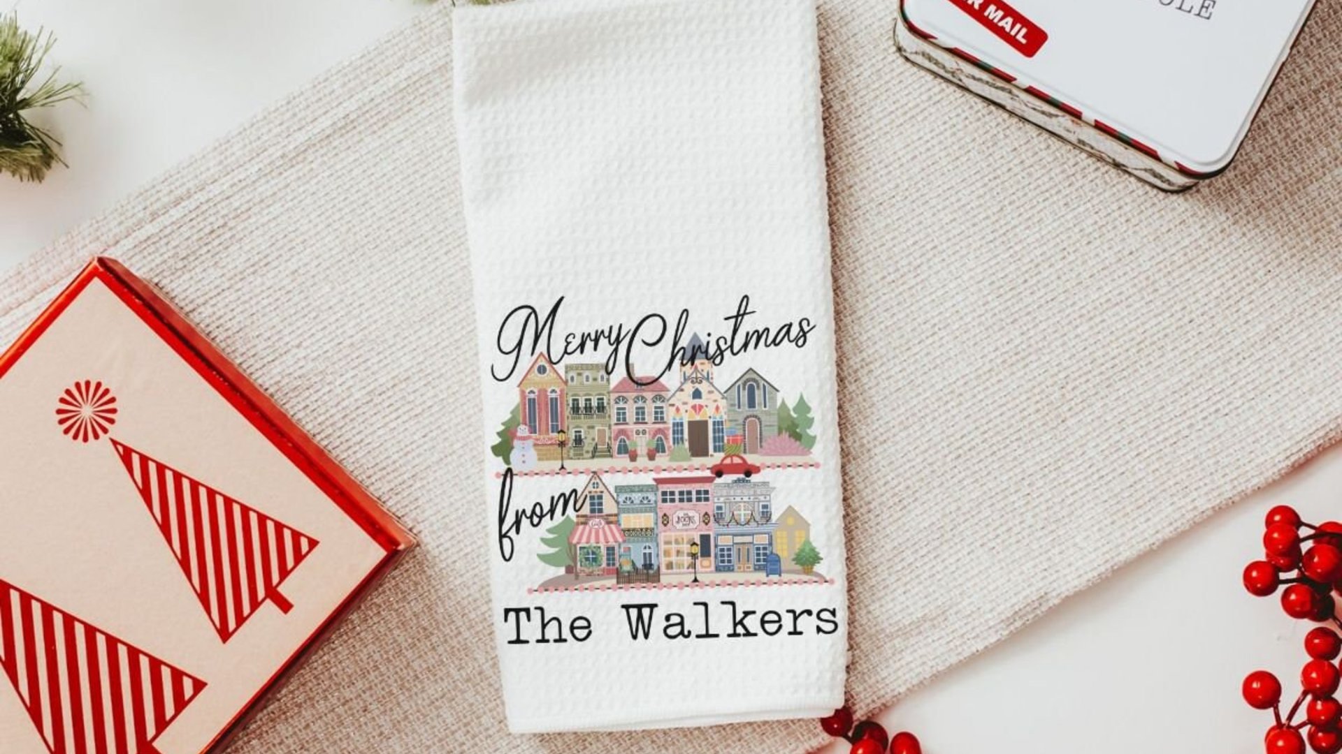 custom city state Christmas housewarming gift set for couple, personalized Christmas village ornament wood, small town Christmas throw